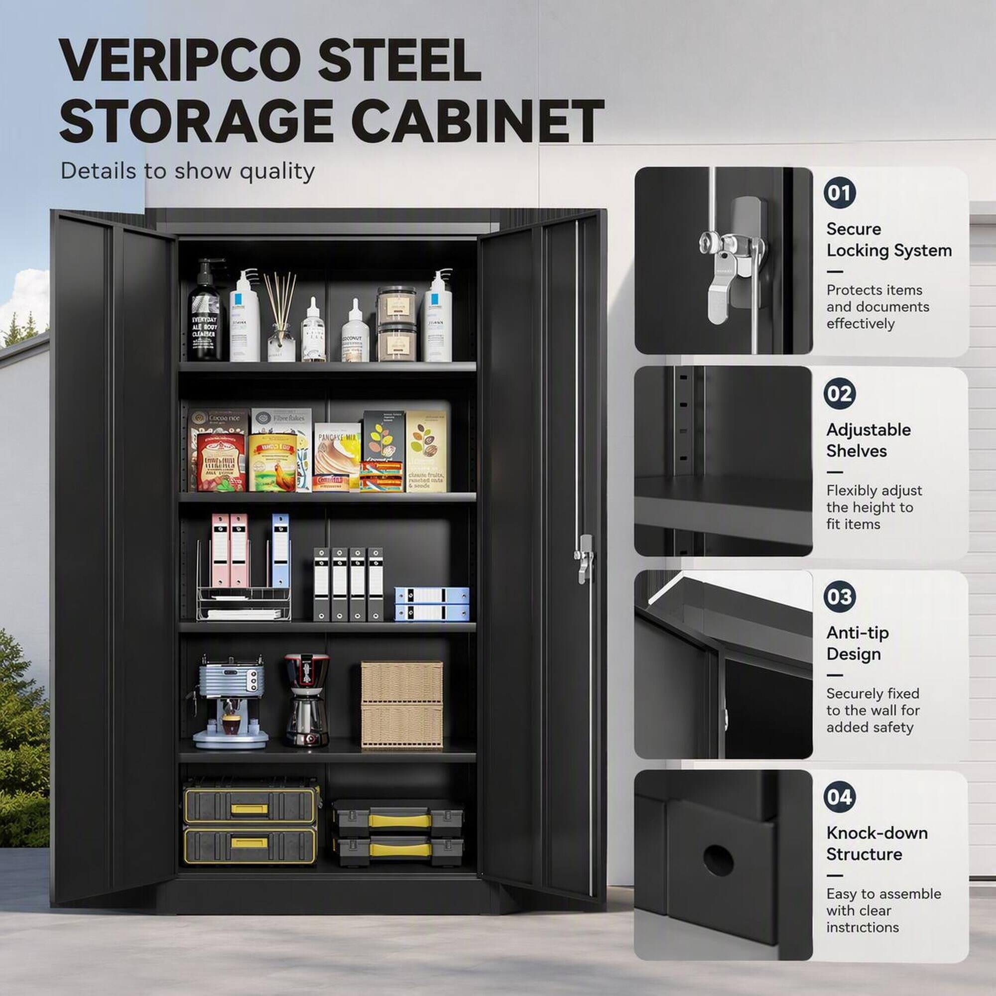 VERIPCO STEEL STORAGE CABINET  
Details to show quality

01  
Secure Locking System  
Protects items and documents effectively

02  
Adjustable Shelves  
Flexibly adjust the height to fit items

03  
Anti-tip Design  
Securely fixed to the wall for added safety

04  
Knock-down Structure  
Easy to assemble with clear instructions