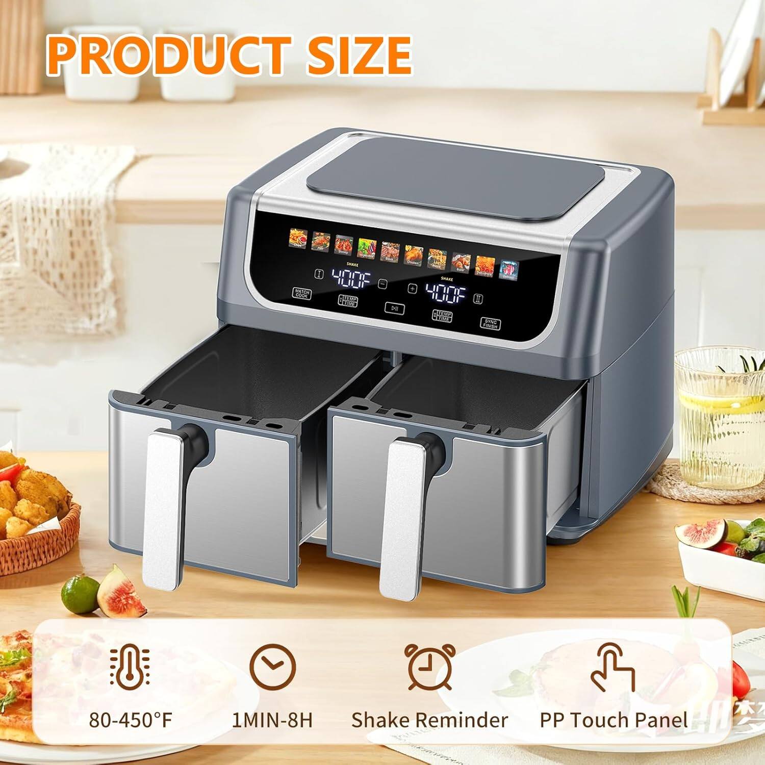 PRODUCT SIZE

1 UNNC UL TND DG - Unnc UU E P_

2 80-450°F 1MIN-8H Shake Reminder PP Touch Panel