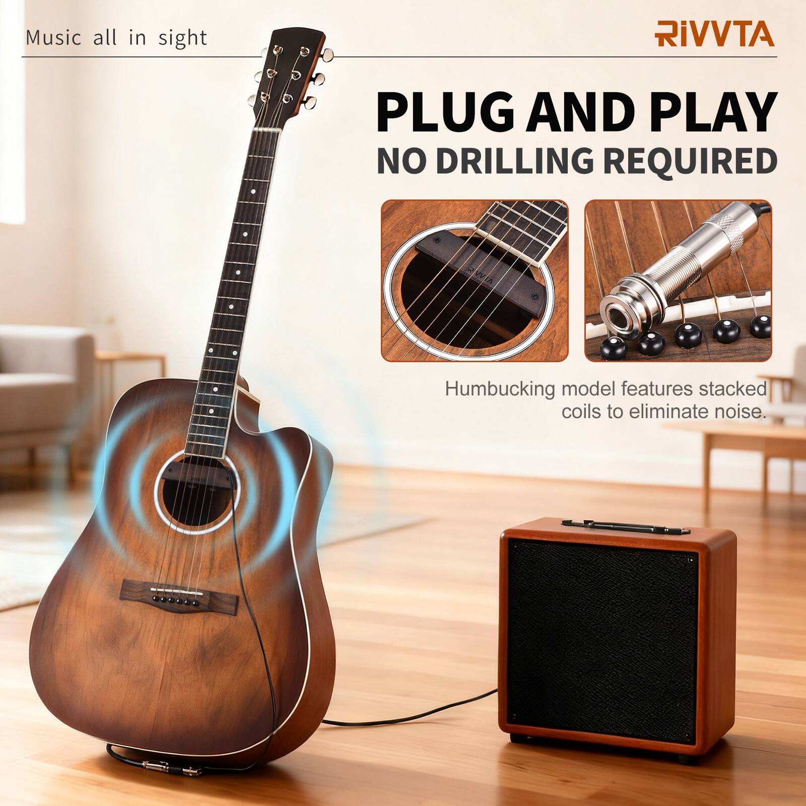Music all in sight

RIVVTA

PLUG AND PLAY  
NO DRILLING REQUIRED

Humbucking model features stacked coils to eliminate noise.