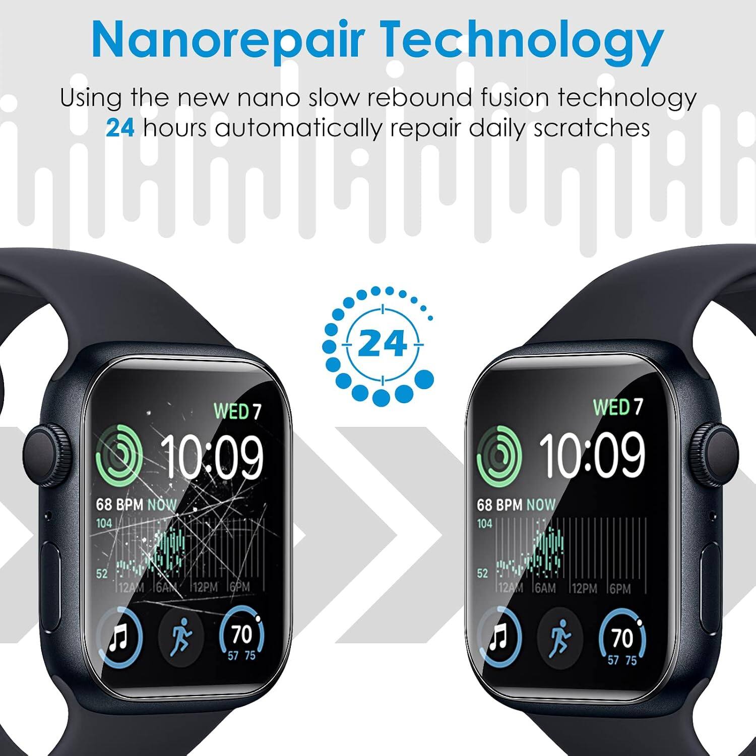 Nanorepair Technology  
Using the new nano slow rebound fusion technology  
24 hours automatically repair daily scratches  

24  
WED 7 10:09 68 BPM NOW 104  
52 12AM 6AM 12PM 6PM  
70 57 75