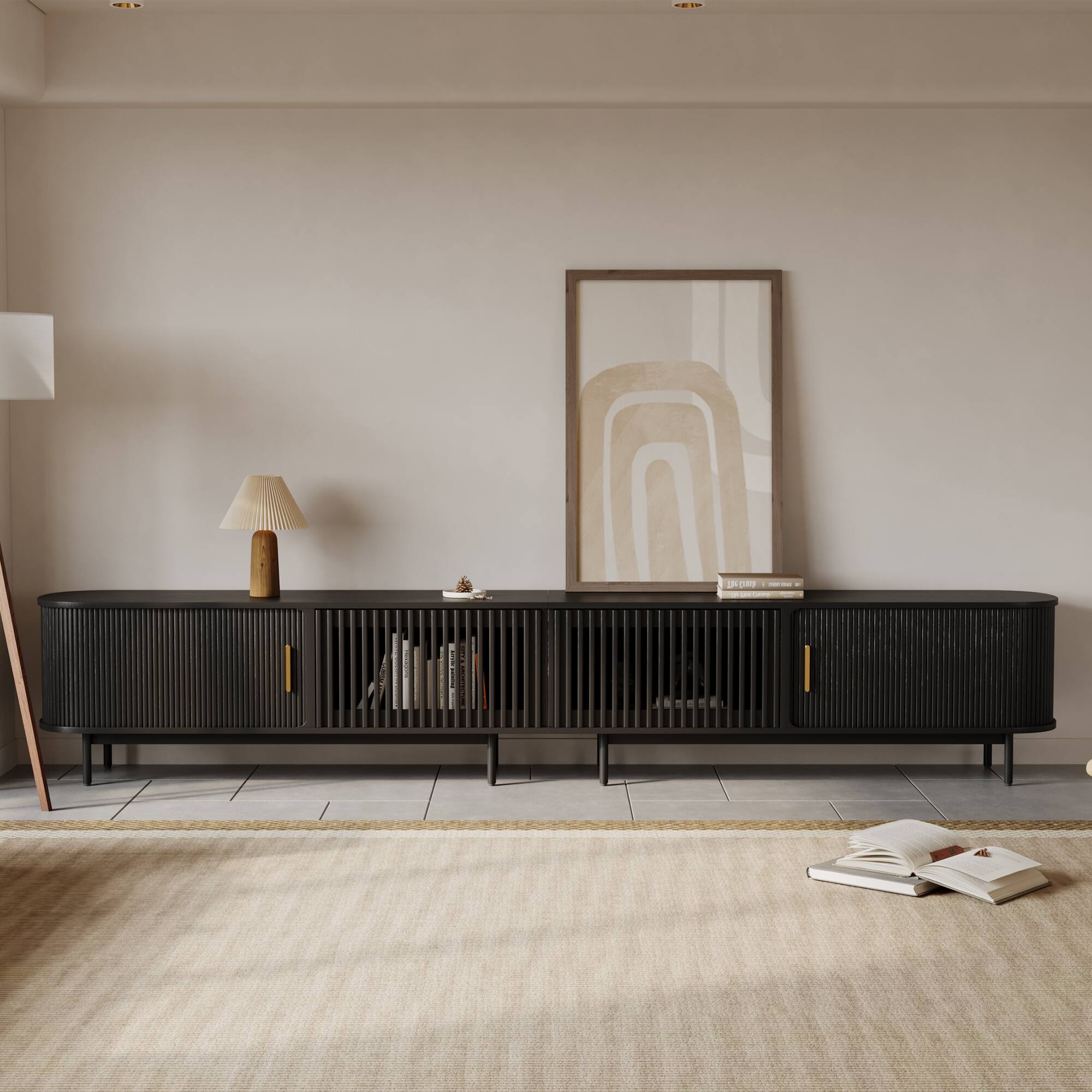 Angle. POVISON - 118"Mid-Century Modern Tambour Door TV Stand - Black.