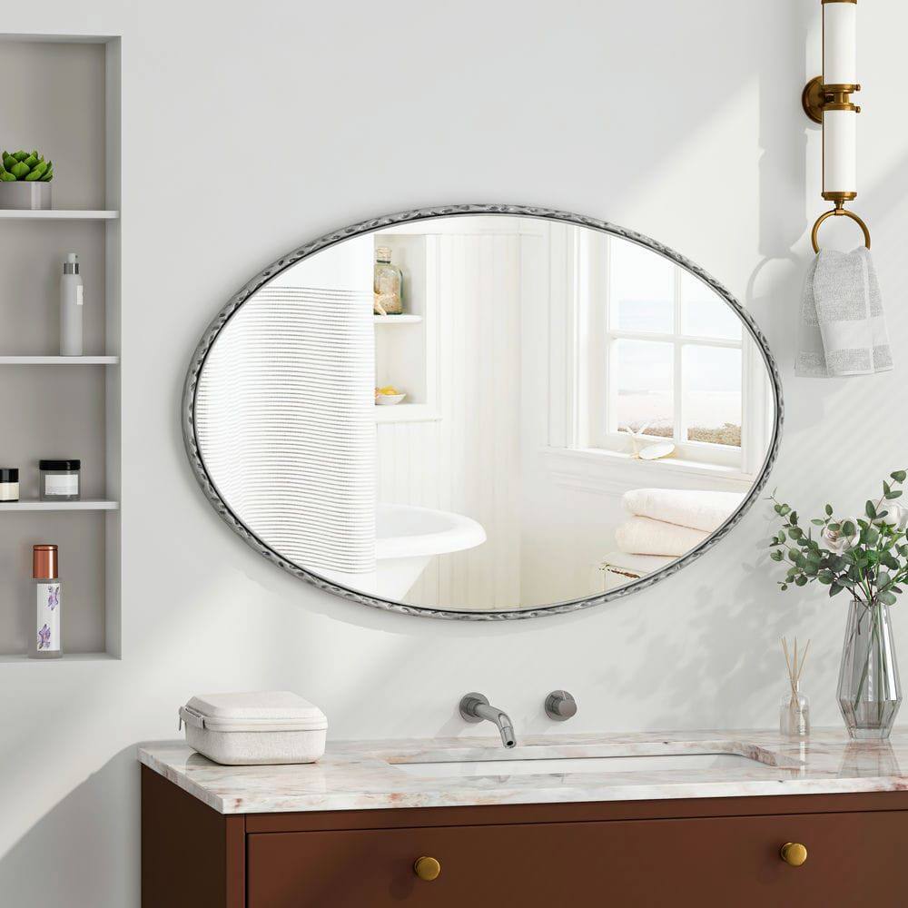 Alt View 1. Kadyn - Iron Art Oval Retro Mirror with Vintage Effect, Stylish Decorative Wall Mirror for Home Living Room, Silver.