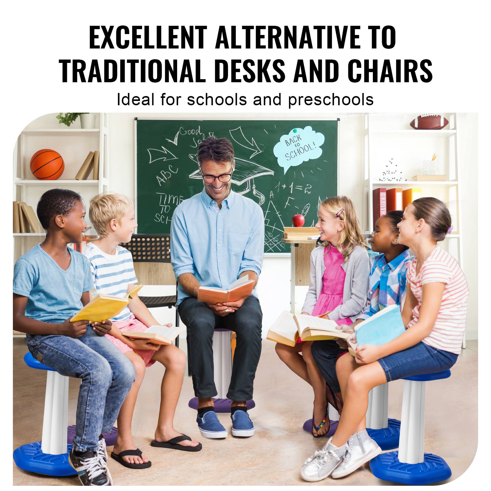 EXCELLENT ALTERNATIVE TO TRADITIONAL DESKS AND CHAIRS  
Ideal for schools and preschools  

Good, x Jae  
BACK TO SCHOOL!  
ABC  
1 + 1 = 2  
TIME TO SCHOOL