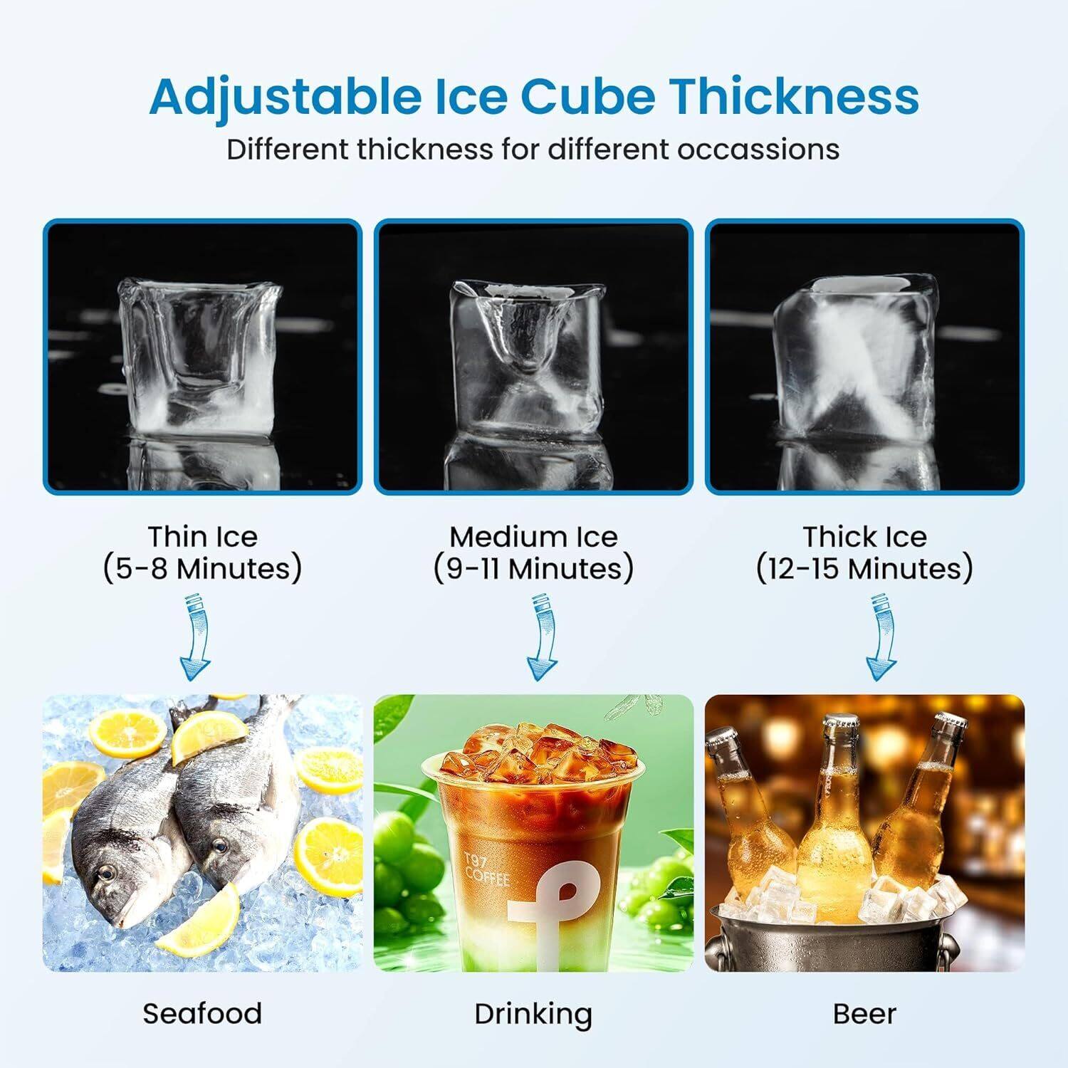 Adjustable Ice Cube Thickness  
Different thickness for different occasions  

Thin Ice (5-8 Minutes)  
Medium Ice (9-11 Minutes)  
Thick Ice (12-15 Minutes)  

Seafood  
Drinking  
Beer