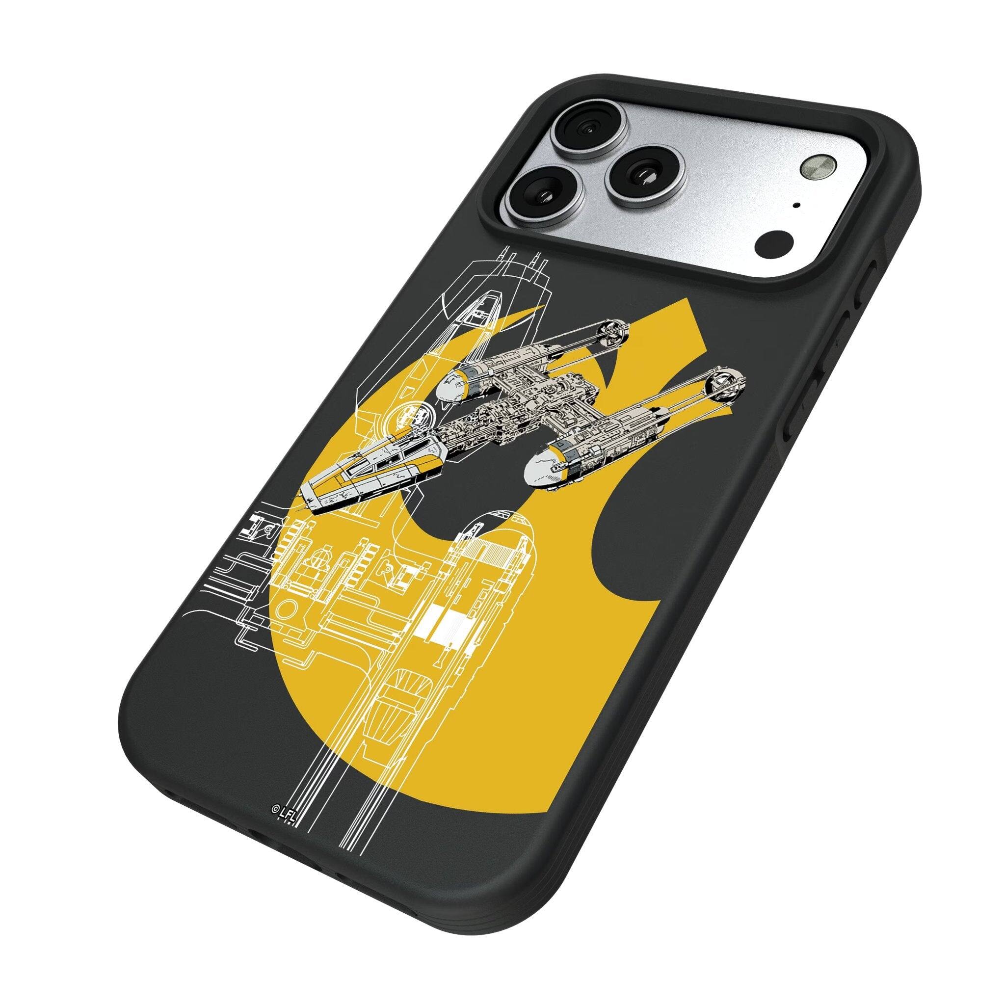 Angle. Keyscaper - Star Wars: A New Hope FactionTech Bump Phone Case - Apple iPhone 17 Pro - Y-Wing.