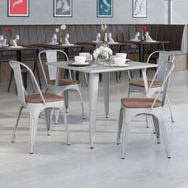 Emma + Oliver - 4 Pack Metal Stackable Chair with Wood Seat - Silver