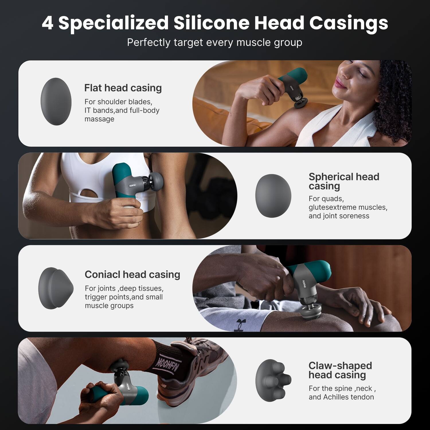 4 Specialized Silicone Head Casings  
Perfectly target every muscle group

Flat head casing  
For shoulder blades, IT bands, and full-body massage

Spherical head casing  
For quads, glutes, extreme muscles, and joint soreness

Conical head casing  
For joints, deep tissues, trigger points, and small muscle groups

Claw-shaped head casing  
For the spine, neck, and Achilles tendon