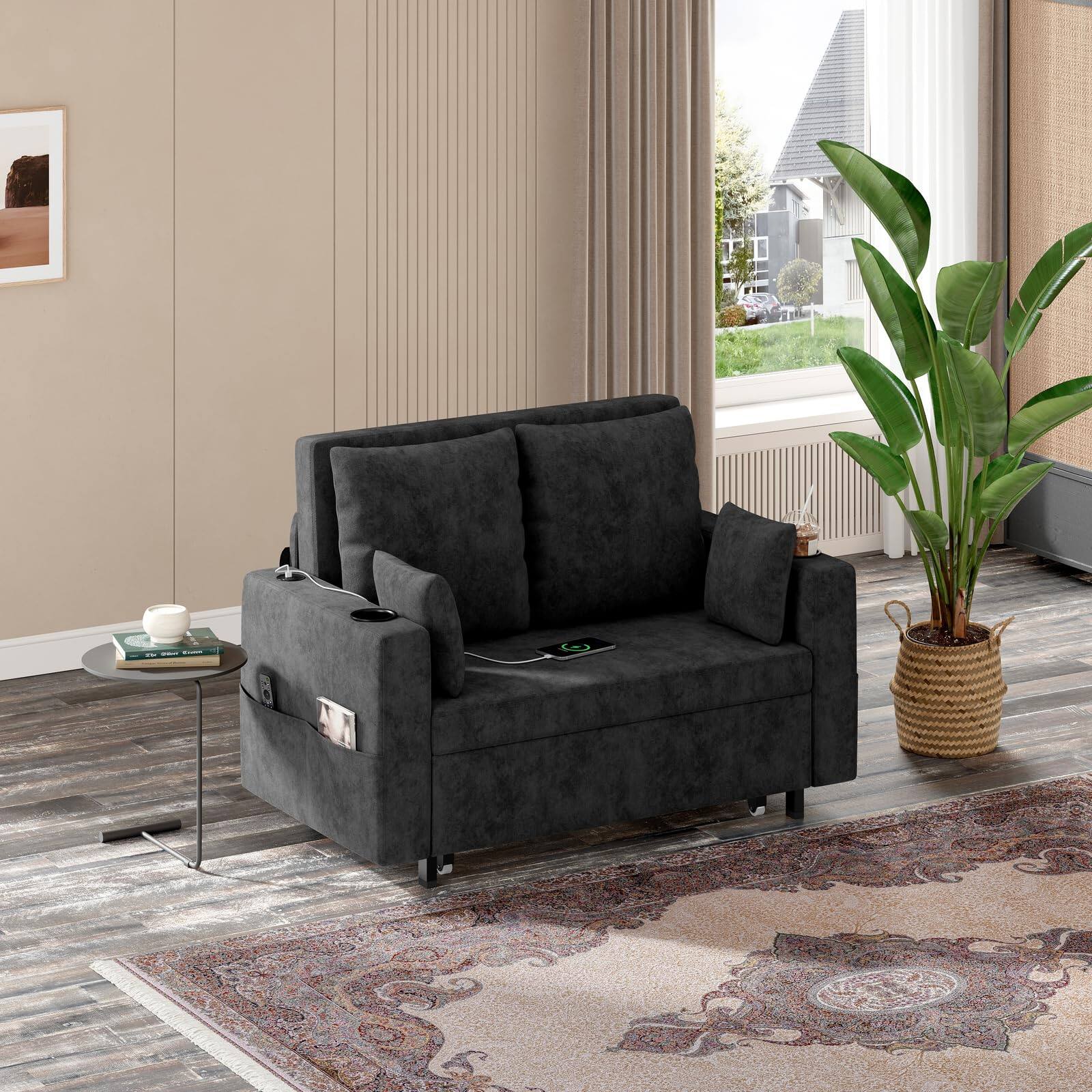 Left. Jojoka - 3 in 1 Convertible Sleeper Sofa Bed Loveseat Couch, Full Size Sofa, Love Seat Pull Out Bed - Black.