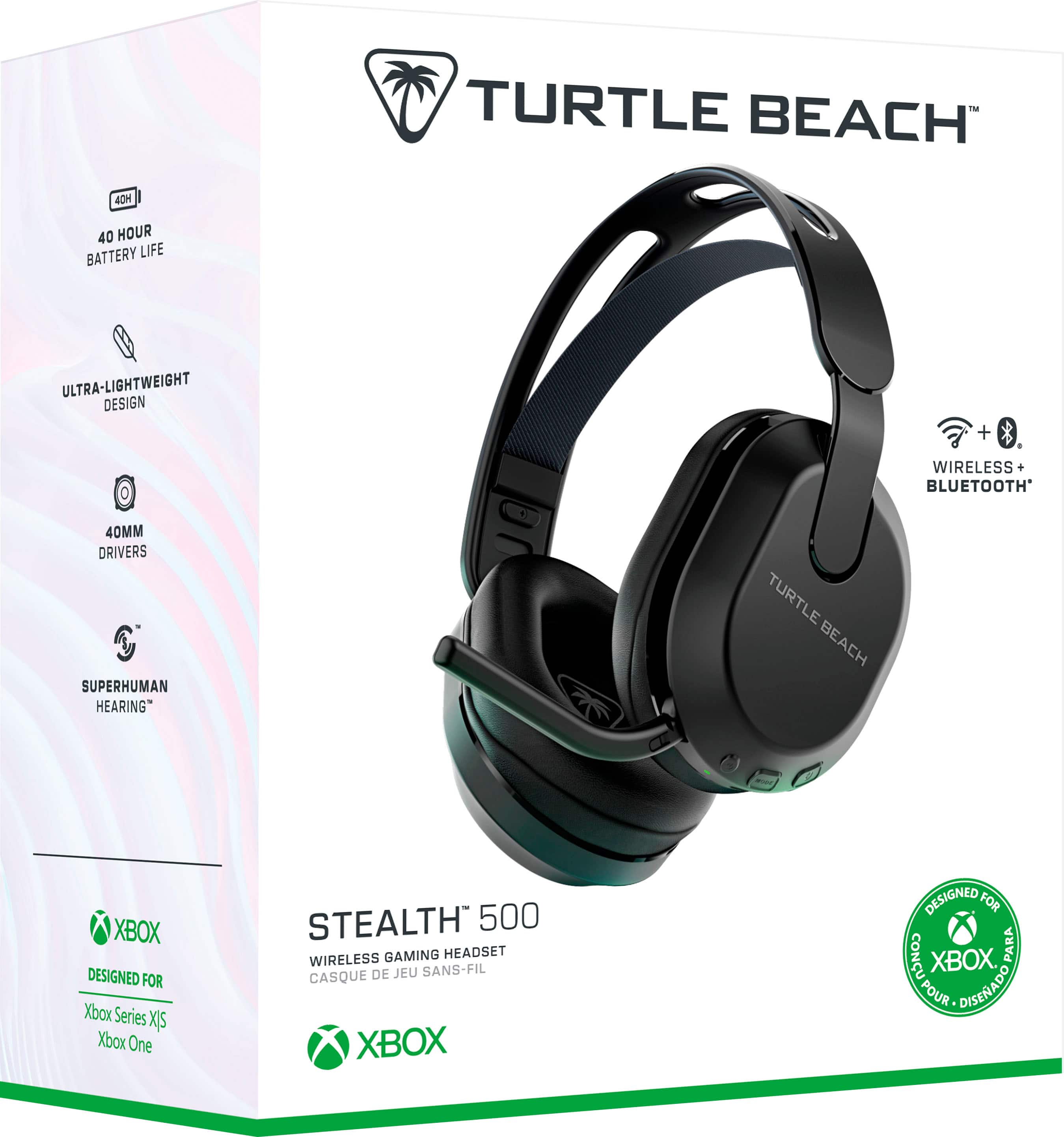 Turtle Beach is a brand of gaming headsets designed for Xbox consoles. The Stealth 500 Wireless Gaming Headset is a popular choice for Xbox Series X, Xbox Series S, and Xbox One. It features a 40-hour battery life, ultra-lightweight design, and wireless Bluetooth connectivity. The headset also has 40mm drivers and is designed to provide "Superhuman Hearing" for an immersive gaming experience.