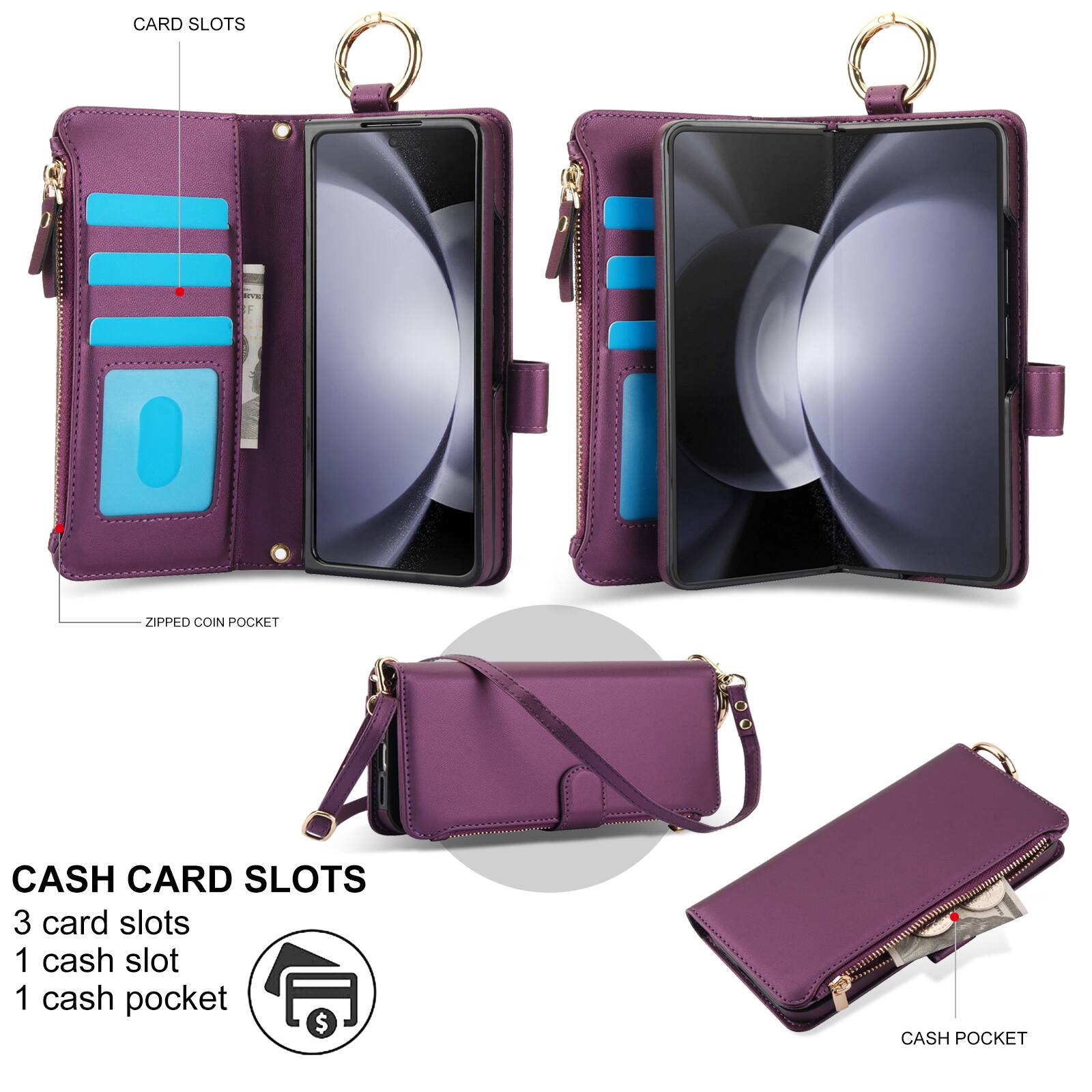 CARD SLOTS  
ZIPPED COIN POCKET  
CASH CARD SLOTS  
3 card slots  
1 cash slot  
1 cash pocket