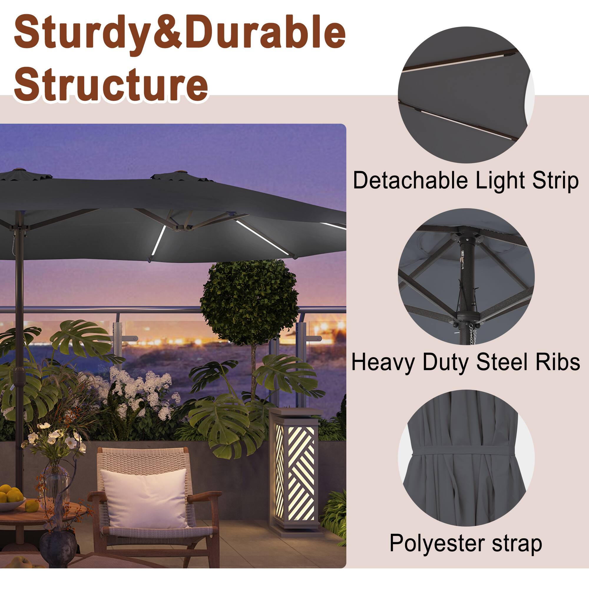 Sturdy & Durable Structure

- Detachable Light Strip
- Heavy Duty Steel Ribs
- Polyester strap