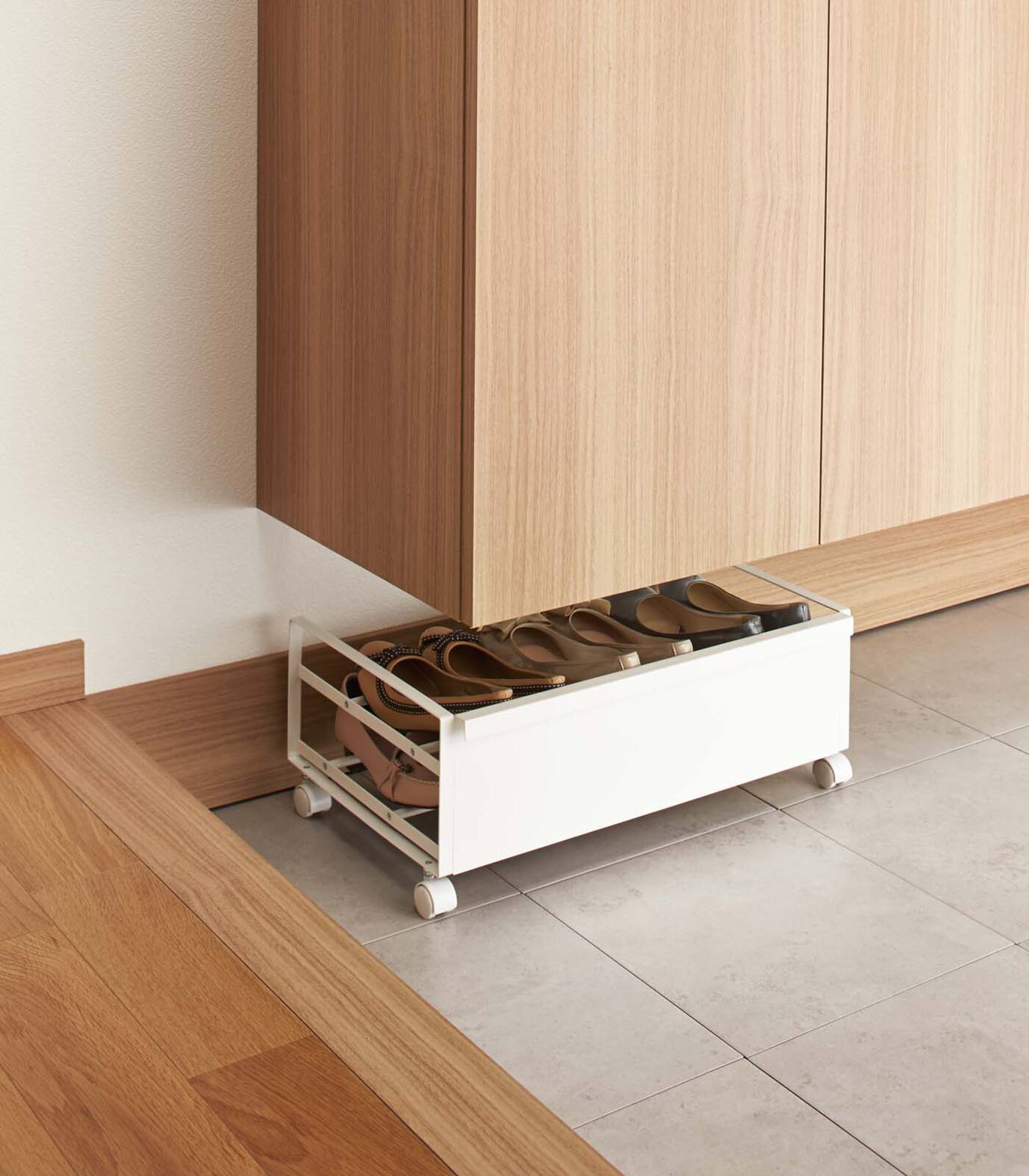 Front. Yamazaki Home - Rolling Shoe Rack (9" H)  - Steel - White.