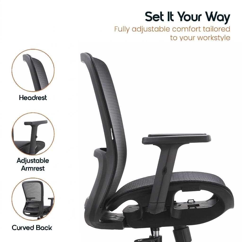 Set It Your Way  
Fully adjustable comfort tailored to your workstyle

- Headrest
- Adjustable Armrest
- Curved Back