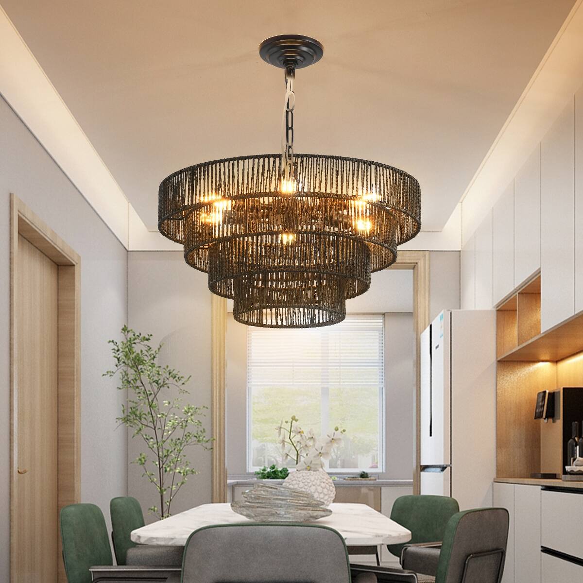 Angle. Loheer - Loheer Rustic Rope Pendant Light Four Tier Black Chandelier with Six E12 Sockets for Dining Room.