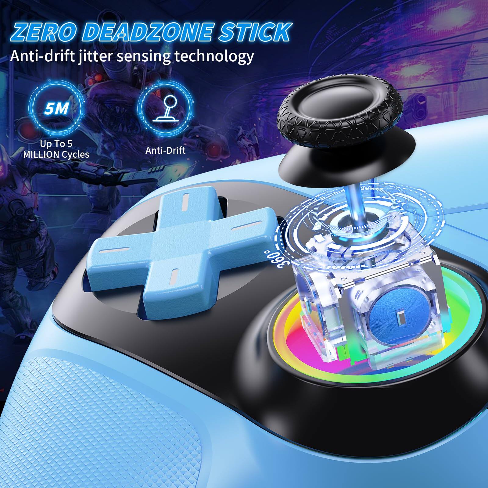 ZERO DEADZONE STICK  
Anti-drift jitter sensing technology  

5M  
Up To 5 MILLION Cycles  
Anti-Drift