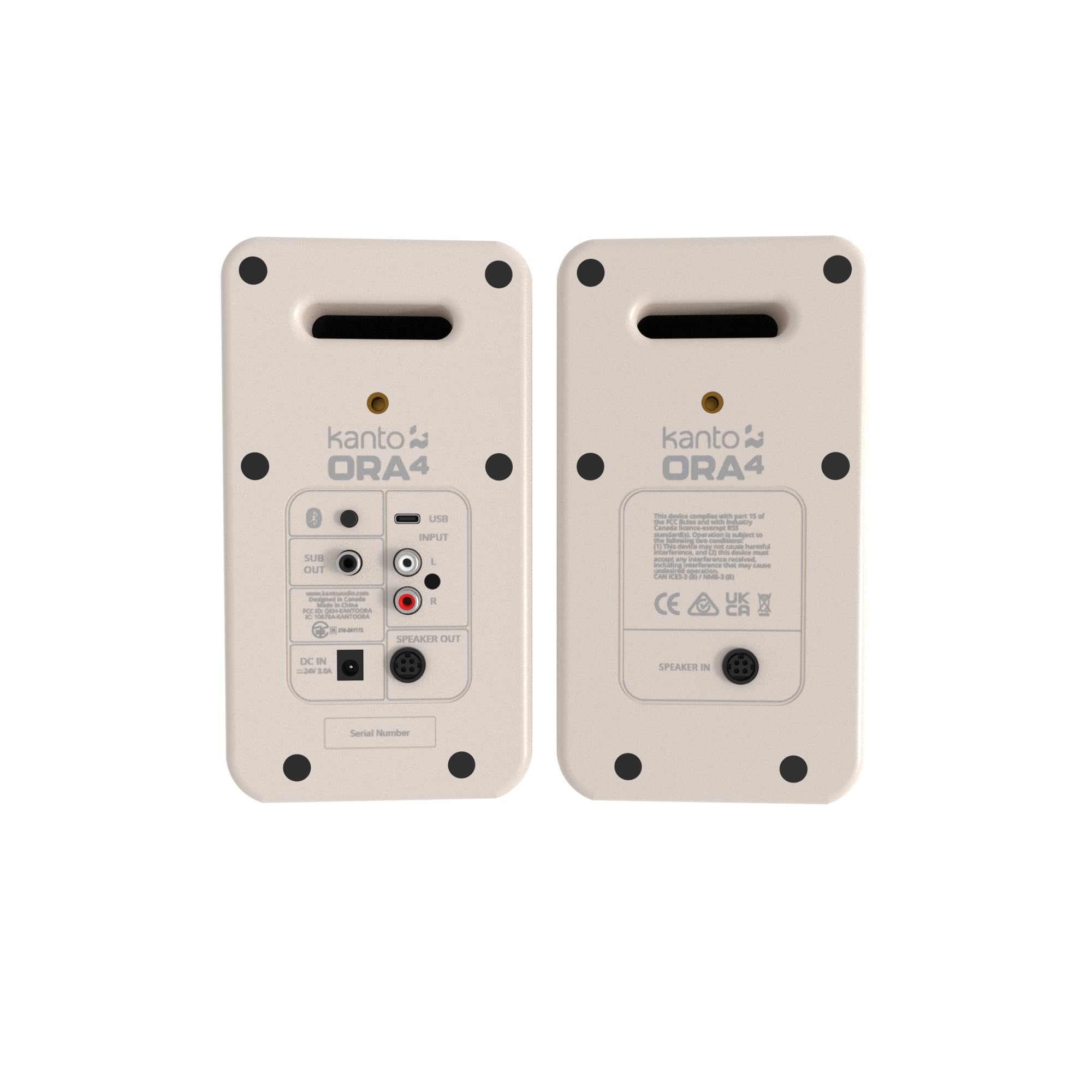 kanto ORA4

USB OUT
USB INPUT

SPEAKER OUT

DC IN
230V~50Hz

Serial Number

kanto ORA4

SPEAKER IN

CE
UK
CA

DC IN
230V~50Hz

Serial Number