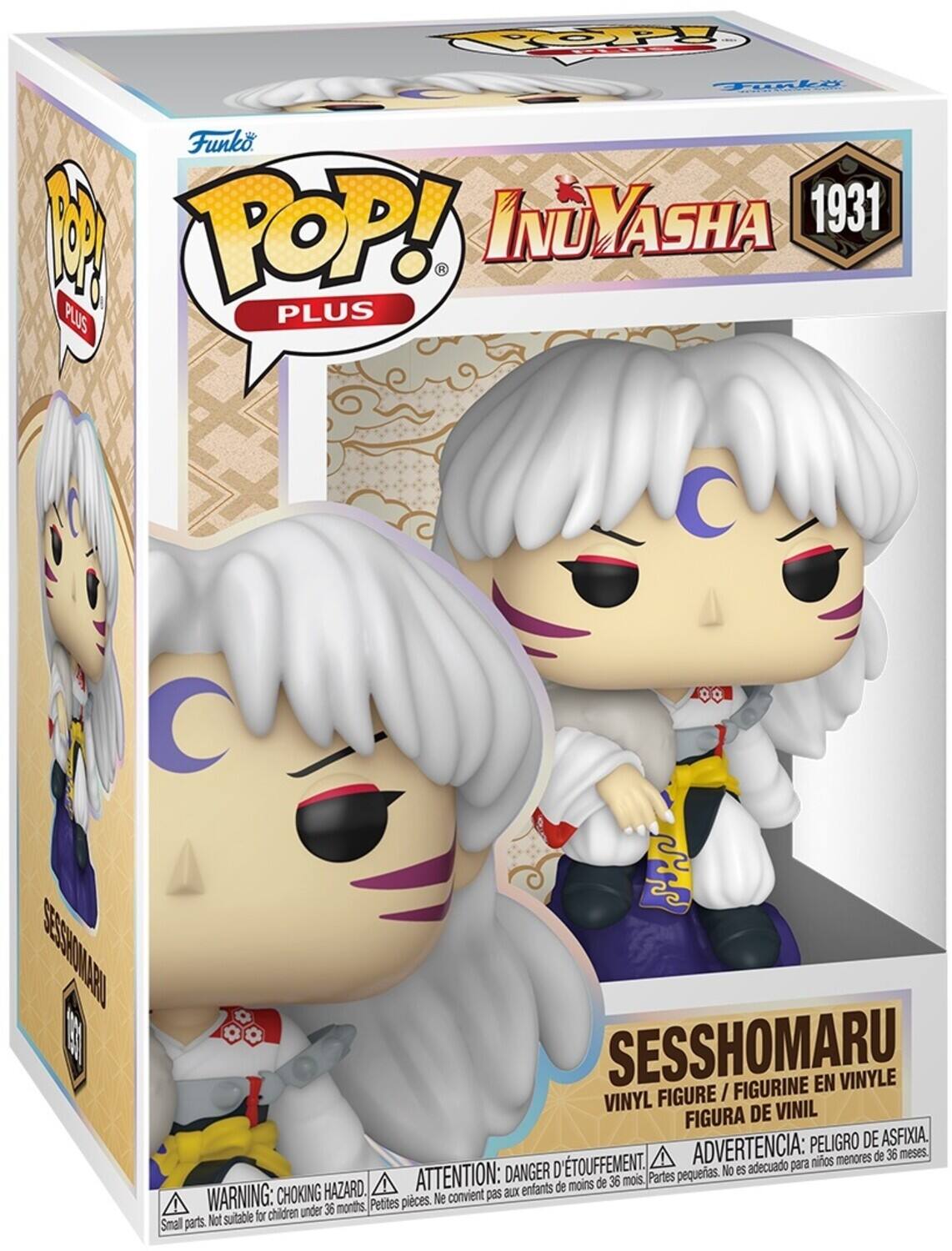 Sure, here is the corrected and grouped text from the image:

---

**Funko POP! PLUS**

**InuYasha 1931**

**Sesshomaru**

**VINYL FIGURE / FIGURINE EN VINYLE / FIGURA DE VINIL**

**WARNING: CHOKING HAZARD - Small parts. Not suitable for children under 36 months.**

**ATTENTION: DANGER D'ÉTOUFFEMENT - Petites pièces. Ne convient pas aux enfants de moins de 36 mois.**

**ADVERTENCIA: PEORO DE ASFIXIA - Piezas pequeñas. No es adecuado para niños menores de 36 meses.**

---

This text is organized to reflect the information on the packaging accurately.