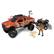 The image features a toy truck with a camouflage design, a toy ATV, and a toy dog. The truck is carrying the ATV in its bed, and the dog is standing next to the truck. The toy truck is parked on a white background, making it the main focus of the scene.