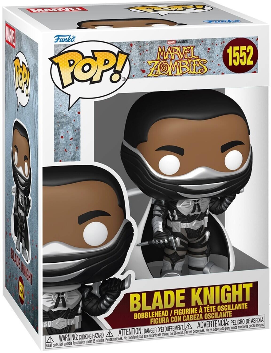 Sure, here is the corrected and grouped text from the image:

---

**MARVEL ANIMATION**  
**MARVEL ZOMBIES**  
**1552**

**BLADE KNIGHT**  
**BOBBLEHEAD / FIGURINE À TÊTE OSCILLANTE / FIGURA CON CABEZA OSCILANTE**

**WARNING: CHOKING HAZARD.**  
**ATTENTION: DANGER D'ÉTOUFFEMENT.**  
**ADVERTENCIA: PELIGRO DE ASFIXIA.**  
**Small parts. Not suitable for children under 36 months.**  
**Petites pièces. Ne convient pas aux enfants de moins de 36 mois.**

---

This text is organized to reflect the information on the packaging accurately.
