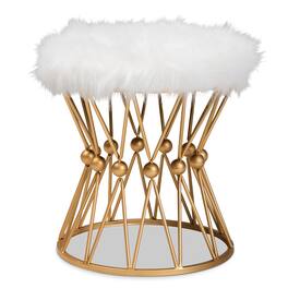 Baxton Studio - Leonie Glam and Luxe Faux Fur Upholstered Gold Finished Metal Ottoman - White/Gold