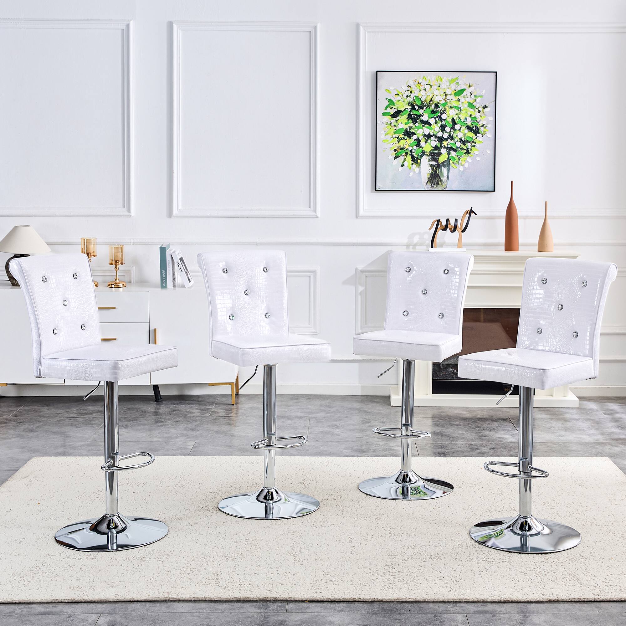 Back. Loheer - Vintage Crocodile Faux Leather Dining Chairs Set of 2 Crystal Tufted 1.8x1.4x4.1 ft - White.