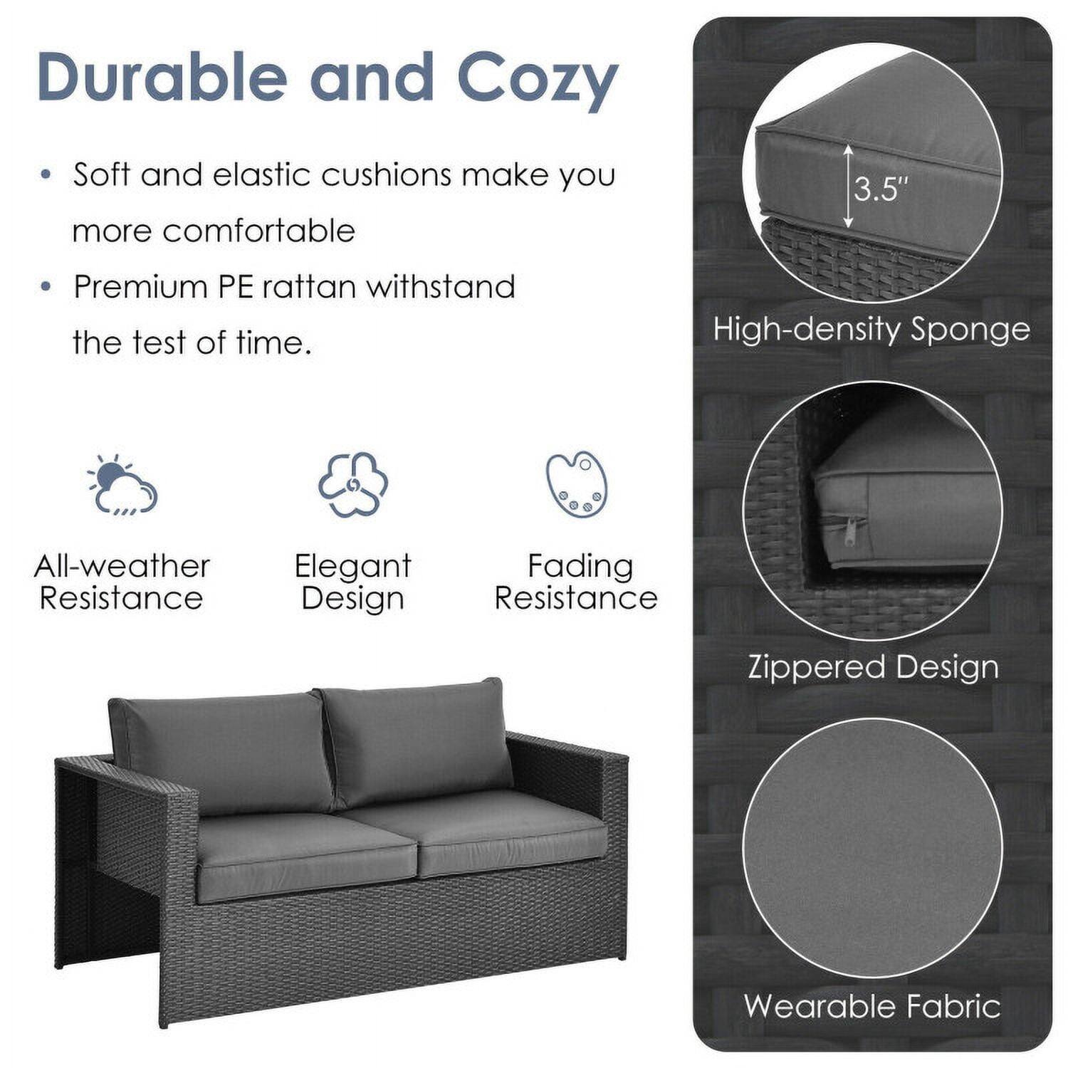 Durable and Cozy

- Soft and elastic cushions make you more comfortable
- Premium PE rattan withstand the test of time.

All-weather Resistance  
Elegant Design  
Fading Resistance  
Zippered Design  
Wearable Fabric

3.5" High-density Sponge