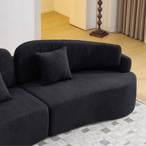 Alt View 2. Anysun - Curved 4-Seat Compressed Chenille Sofa - Long-Lasting Support, Removable Backrest, Retro Style for Small Spaces - Black.