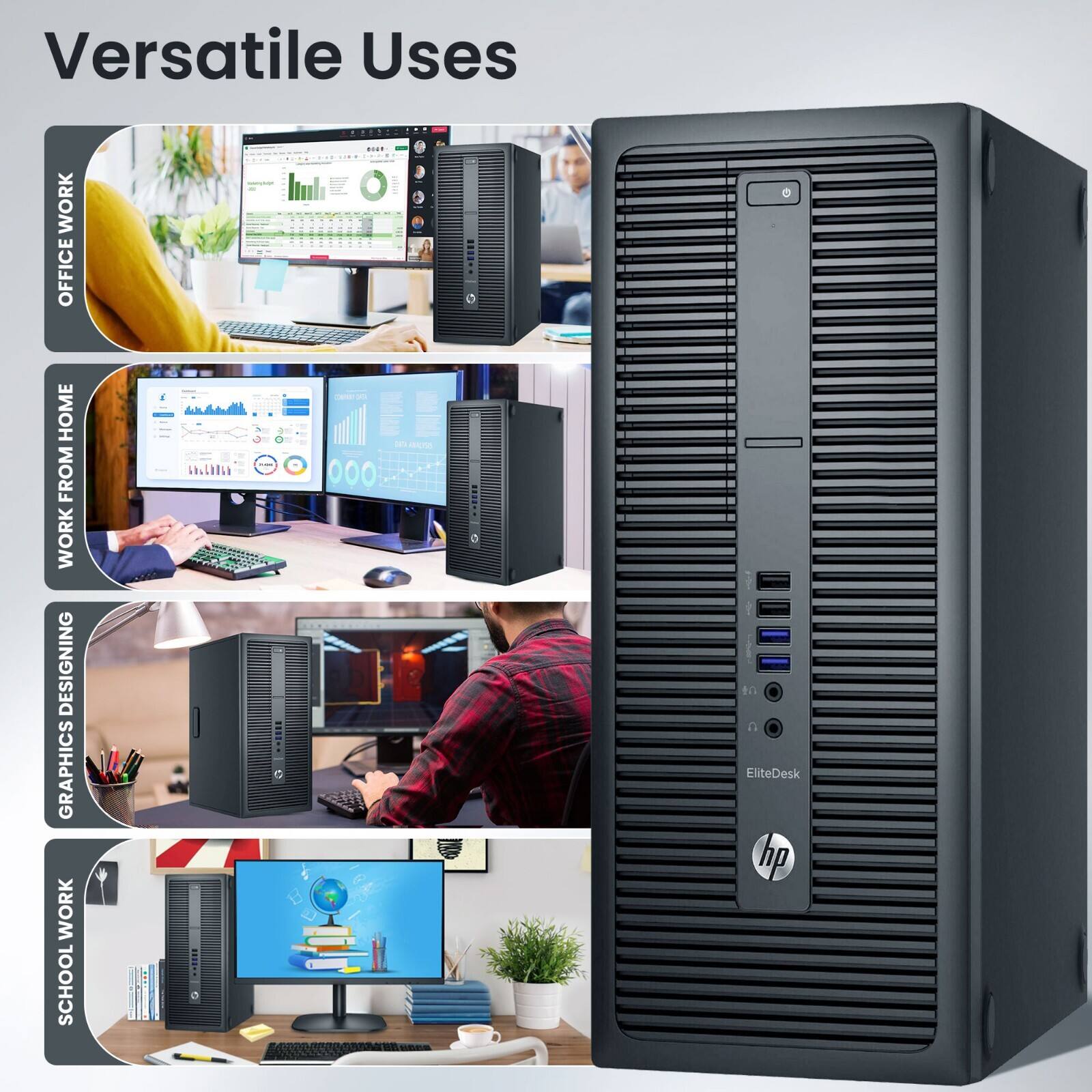 Versatile Uses

- OFFICE WORK
- WORK FROM HOME
- GRAPHICS DESIGNING
- SCHOOL WORK

EliteDesk hp