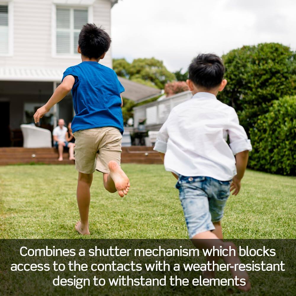 Combines a shutter mechanism which blocks access to the contacts with a weather-resistant design to withstand the elements