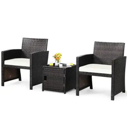 Front. Costway - 3PCS Patio Wicker Furniture Set Storage Table W/Protect Cover Cushioned - Off White,Mix Brown.