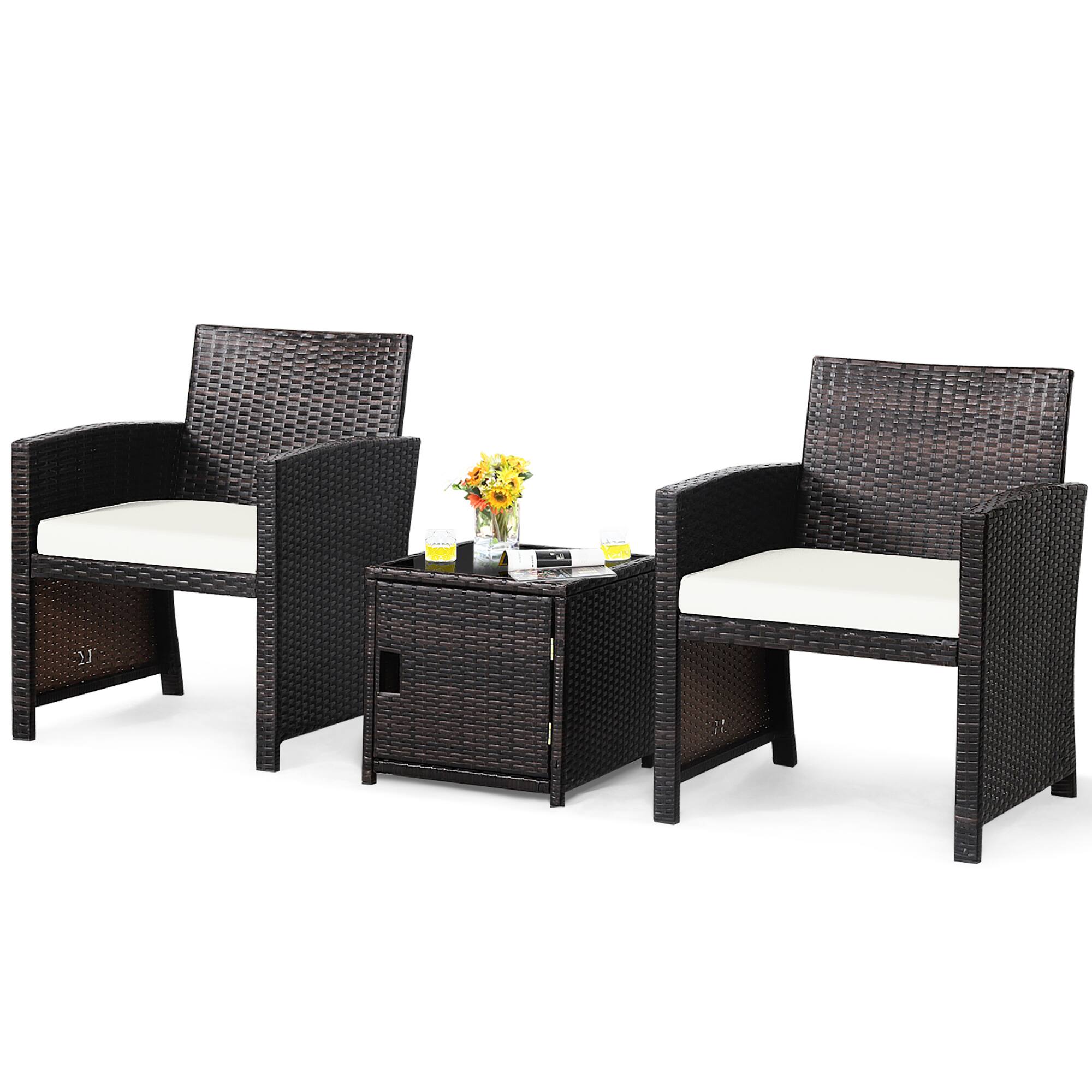 Costway - 3PCS Patio Wicker Furniture Set Storage Table W/Protect Cover Cushioned - Off White,Mix Brown
