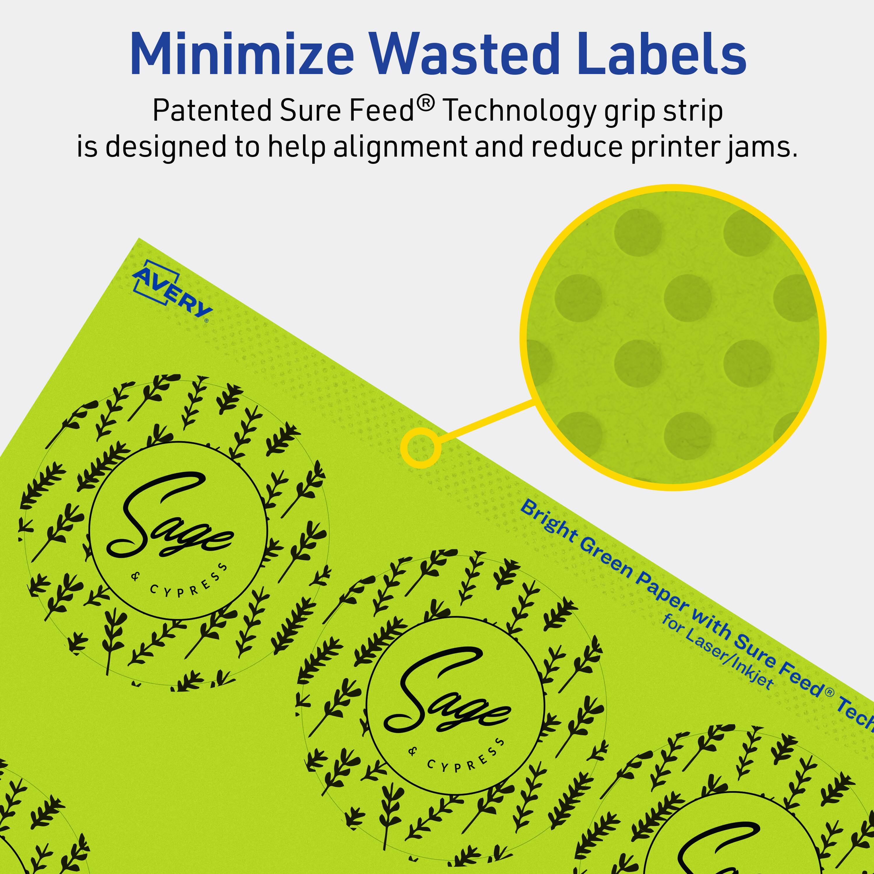 Minimize Wasted Labels

Patented Sure Feed® Technology grip strip is designed to help alignment and reduce printer jams.

AVERY Sage & CYPRESS Bright Green Paper for Laser/Inkjet Sure Feed® Technology