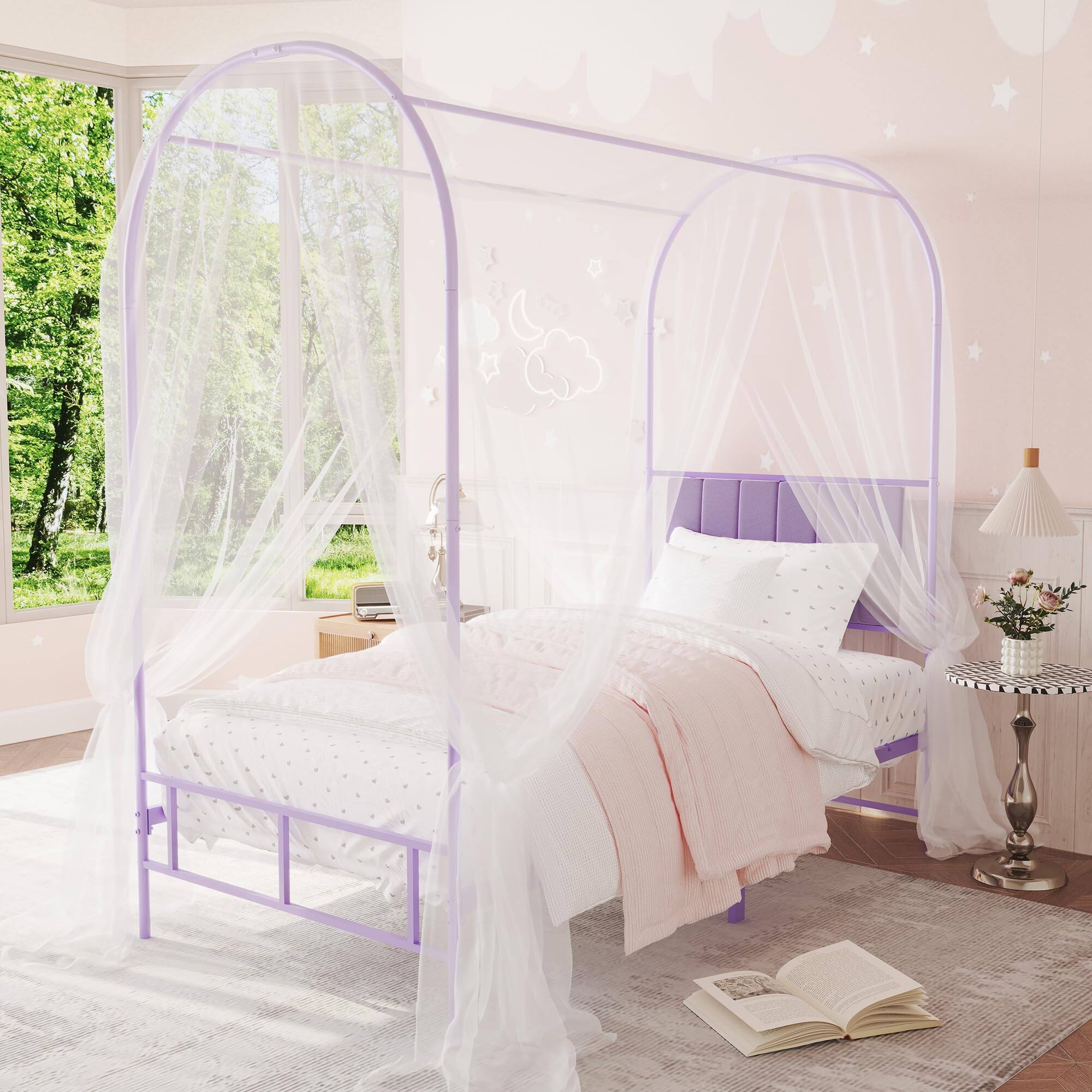 Left. Acekool - Twin Canopy Bed Frame with Upholstered Headboard, Metal Kids Bed Frame, No Box Spring Needed - Purple.