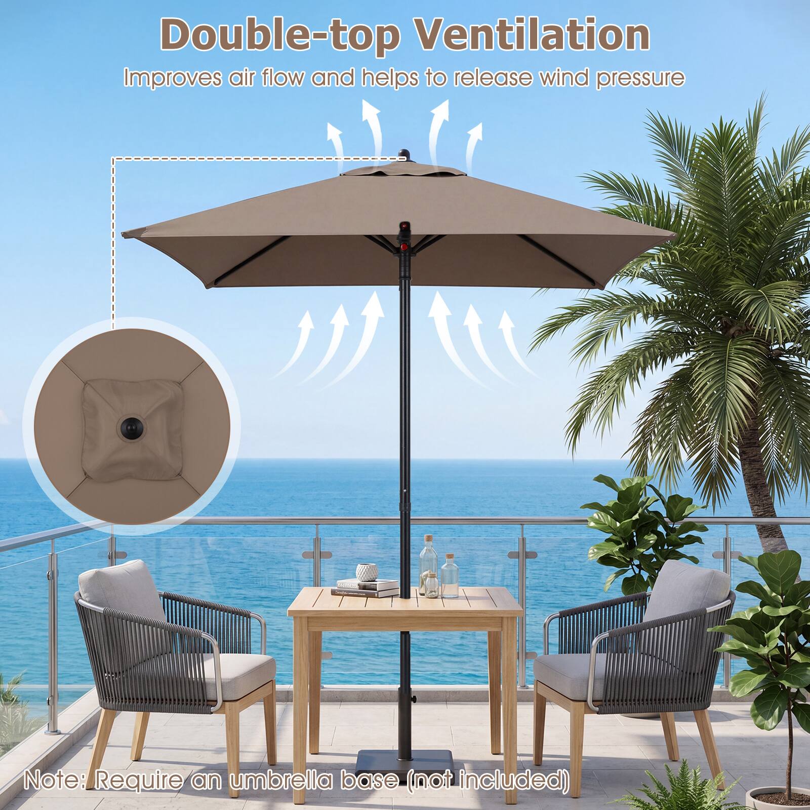 Double-top Ventilation  
Improves air flow and helps to release wind pressure  

Note: Require an umbrella base (not included)