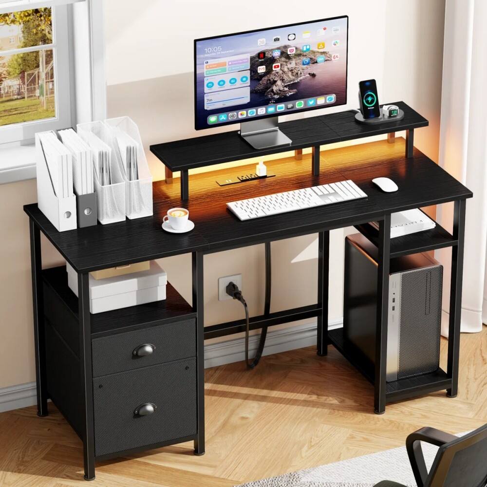 Alt View 2. Furnulem - Computer Desk With Led Lights And Power Outlets Gaming Desk With Monitor StandHome Office Writing Desk With Storage - Black.