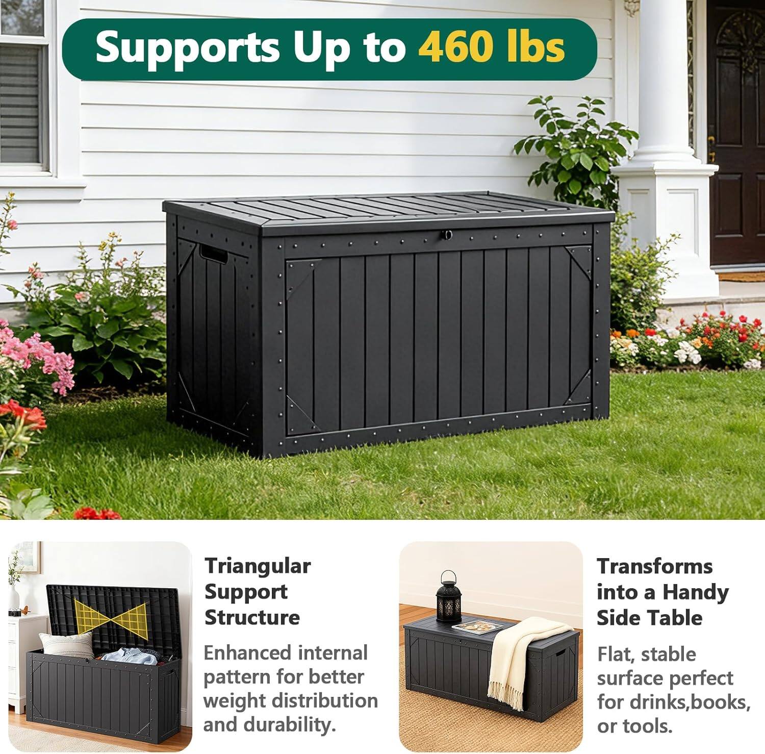 Supports Up to 460 lbs

Triangular Support Structure
Enhanced internal pattern for better weight distribution and durability.

Transforms into a Handy Side Table
Flat, stable surface perfect for drinks, books, or tools.