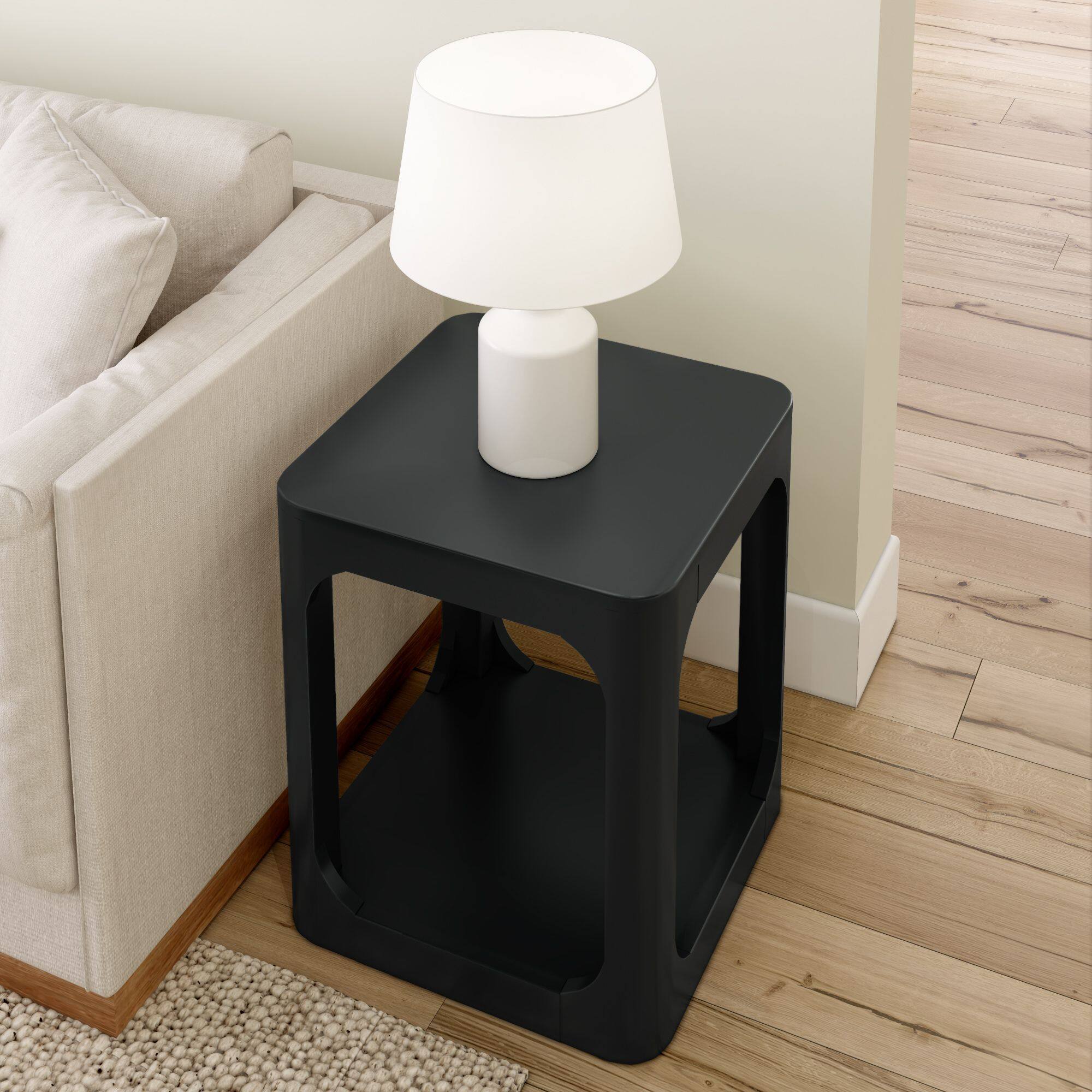 Alt View 4. Plank+Beam - Modern Rounded Square Side Table with Shelf (20in x 20in / 510mm x 510mm), Black - Black.