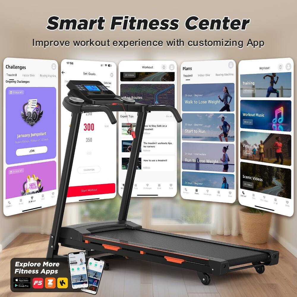 Smart Fitness Center  
Improve workout experience with customizing App  

Challenges  
Treadmill  
Indoor Bike  
Rowing Machine  
Ongoing Challenges  

Set Goals  
Calories  

Workout Plans  
Treadmill  
Indoor Bike  
Rowing Machine  

January Jumpstart  
20 Go  
JOIN  

Customize  
Start Workout  

Expert Tips  
Stay Safe  
250  
300  
350  
400  

Workout Music  
Virtual Run  
Scenic Videos  

Explore More Fitness Apps  
App Store  
Google Play
