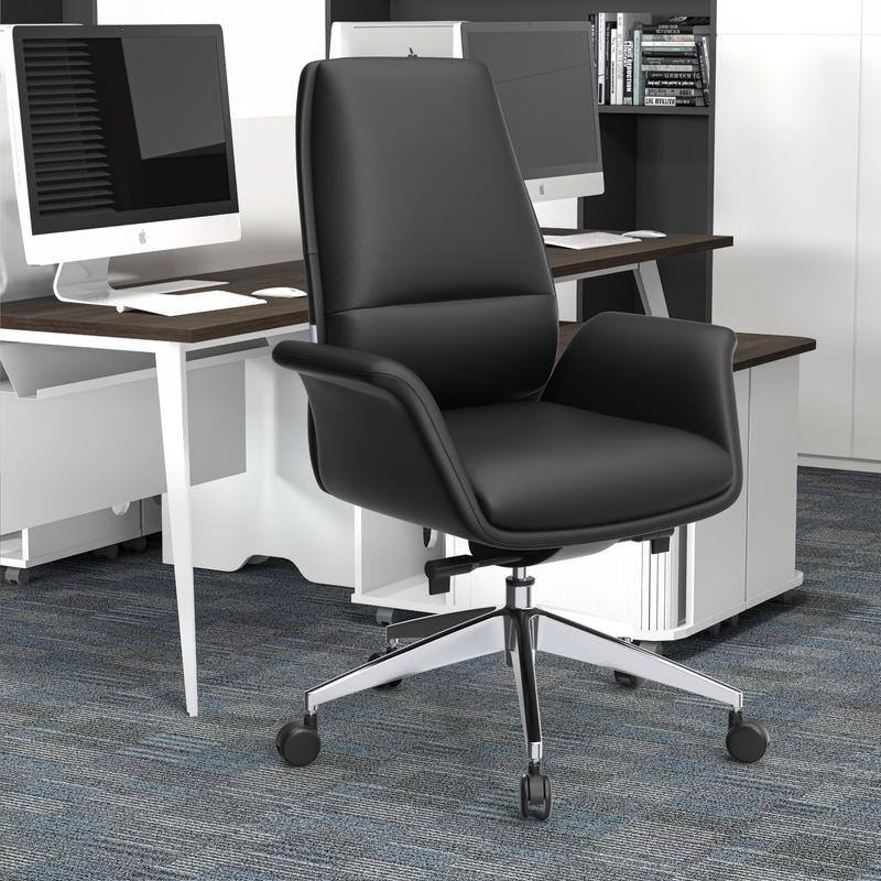 Left. LeisureMod - Summit Leather Office Chair with Durable Metal Frame, Adjustable Height, Swivel, Tilt, and Plush Cushion Support - Black.