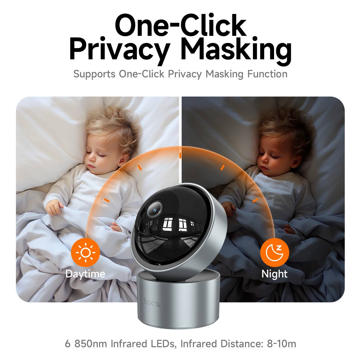 One-Click Privacy Masking  
Supports One-Click Privacy Masking Function  

Daytime  
Night  

6 850nm Infrared LEDs, Infrared Distance: 8-10m