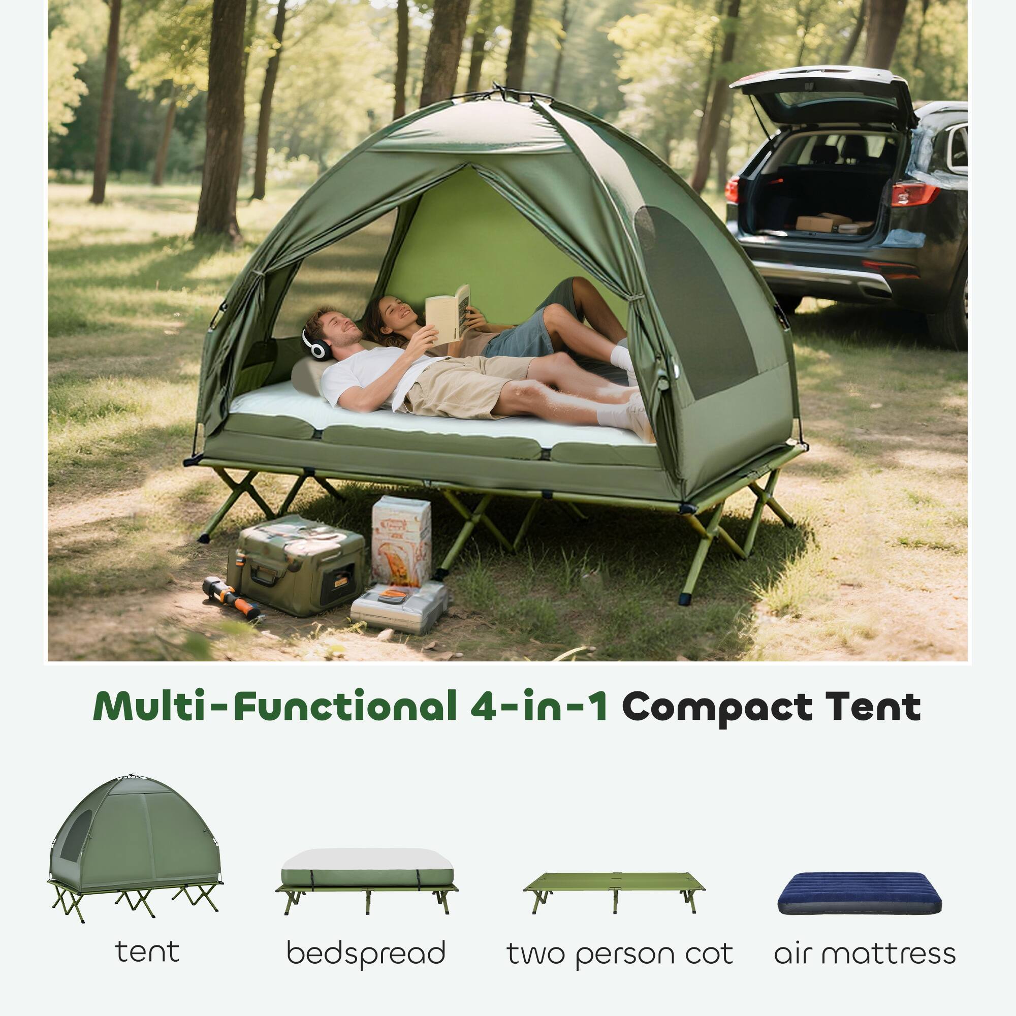 Multi-Functional 4-in-1 Compact Tent

- tent
- bedspread
- two person cot
- air mattress