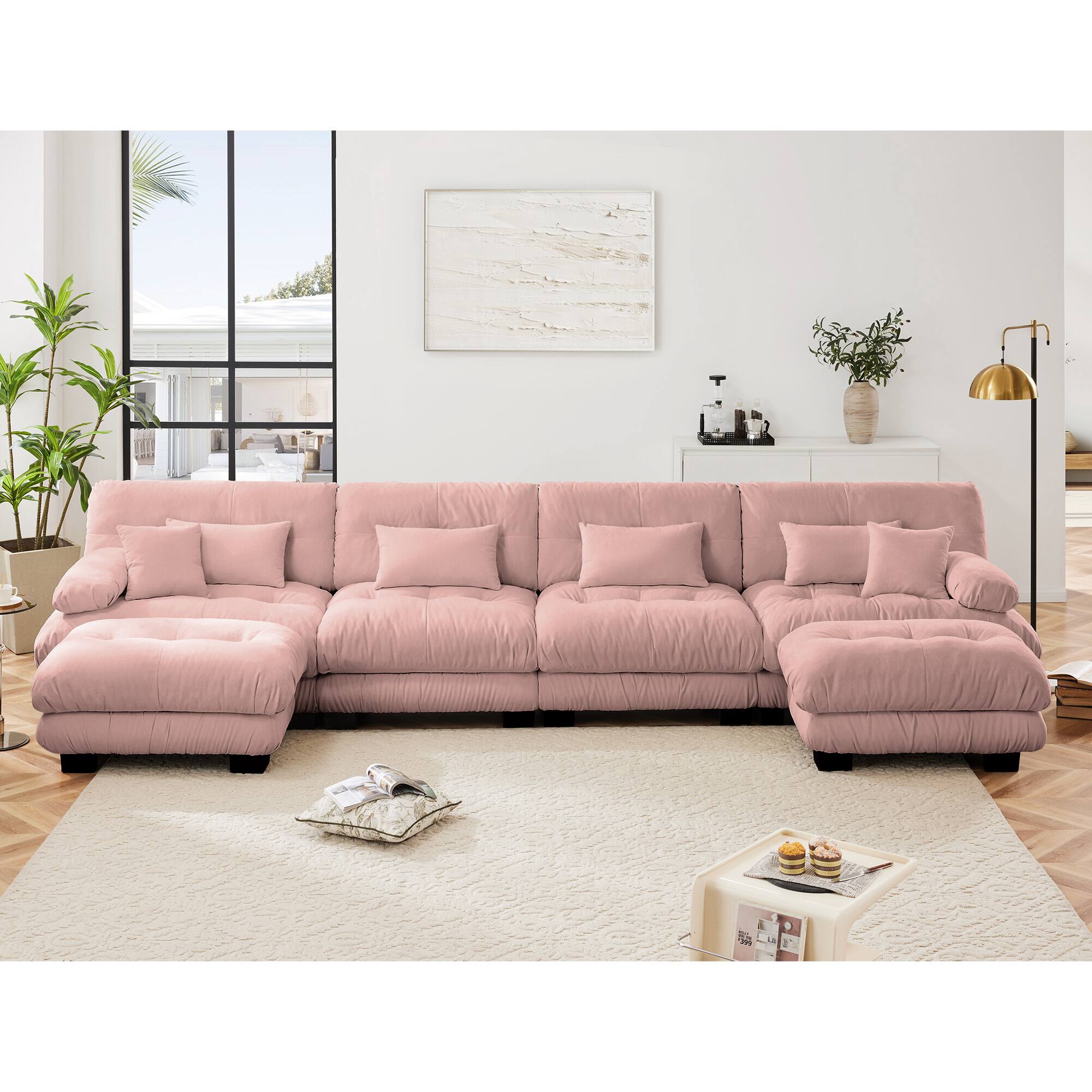 Left. DOMETOUR - Free Combination Modular Sectional Sofa,U Shaped Couch for Living Room, 4-Seater Comfy Cloud Couch with 2 Ottomans - Chenille Pink.
