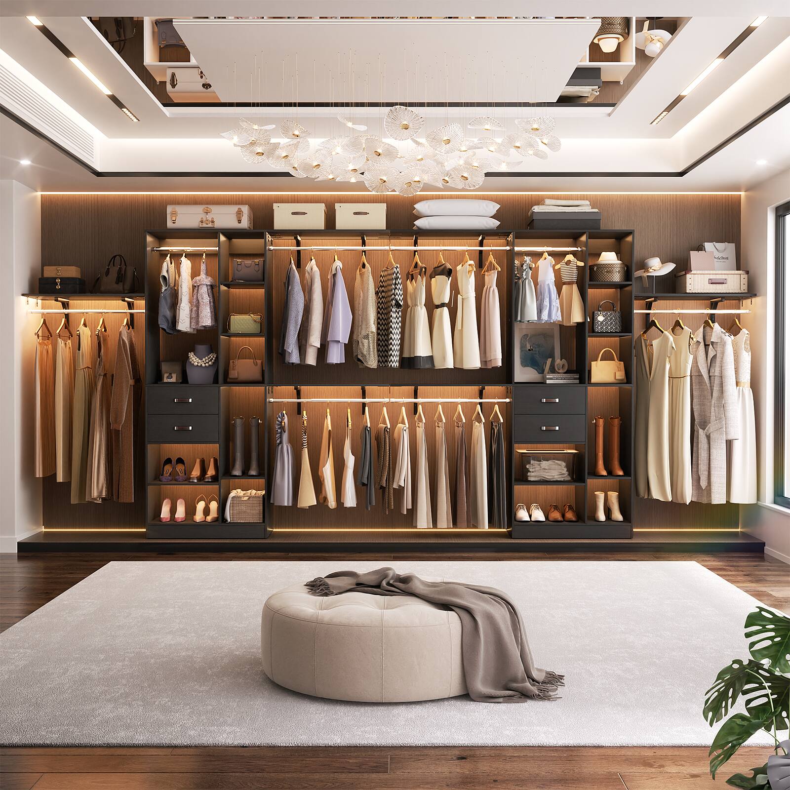 Left. Aheaplus - Upgraded 96'' Closet System with 13 Storage Shelves, 8FT Open Wardrobe System with 2 Wooden Drawers & 4 Hanging Rods - Black.