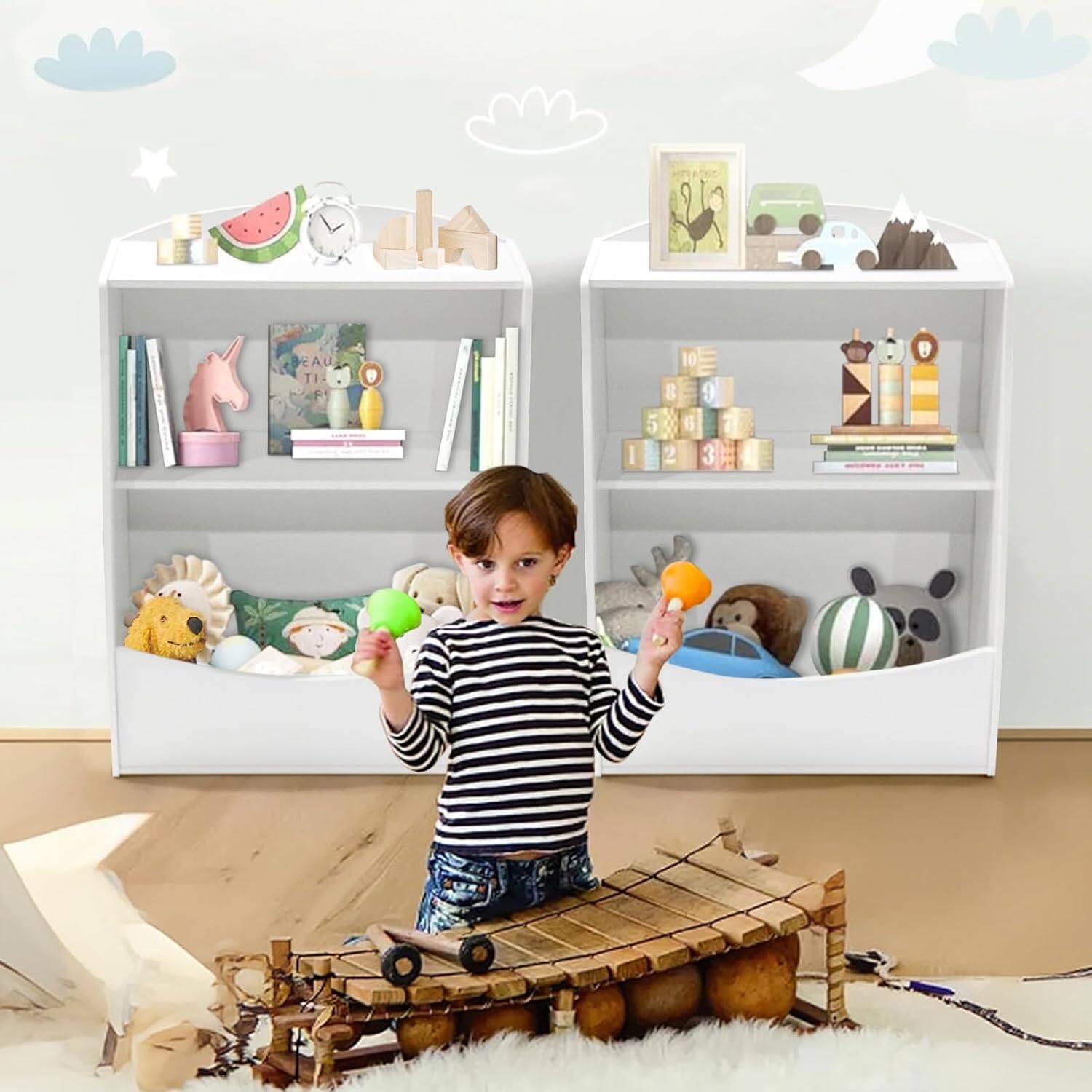 Alt View 1. Homhougo - 2-Tier Kids Toy Storage Organizer with Bookshelf, Wooden Book Display Shelf for Playroom, Nursery & Kids Room - White.