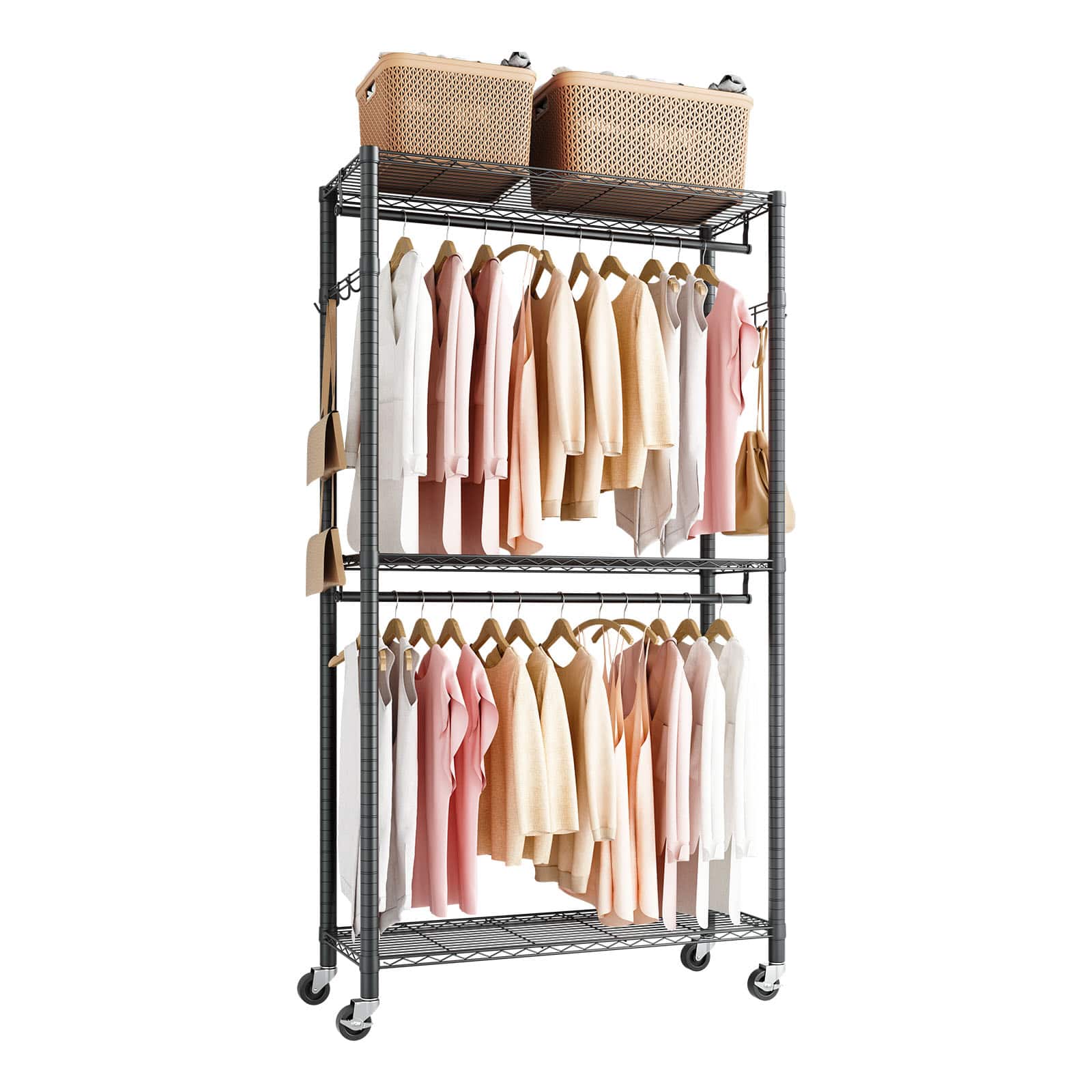 VEVOR - Rolling Clothes Rack, Heavy Duty Clothing Garment Rack, 3 Adjustable Tiers Clothing Racks with Carbon Steel - Black
