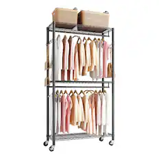 Front. VEVOR - Rolling Clothes Rack, Heavy Duty Clothing Garment Rack, 3 Adjustable Tiers Clothing Racks with Carbon Steel - Black.