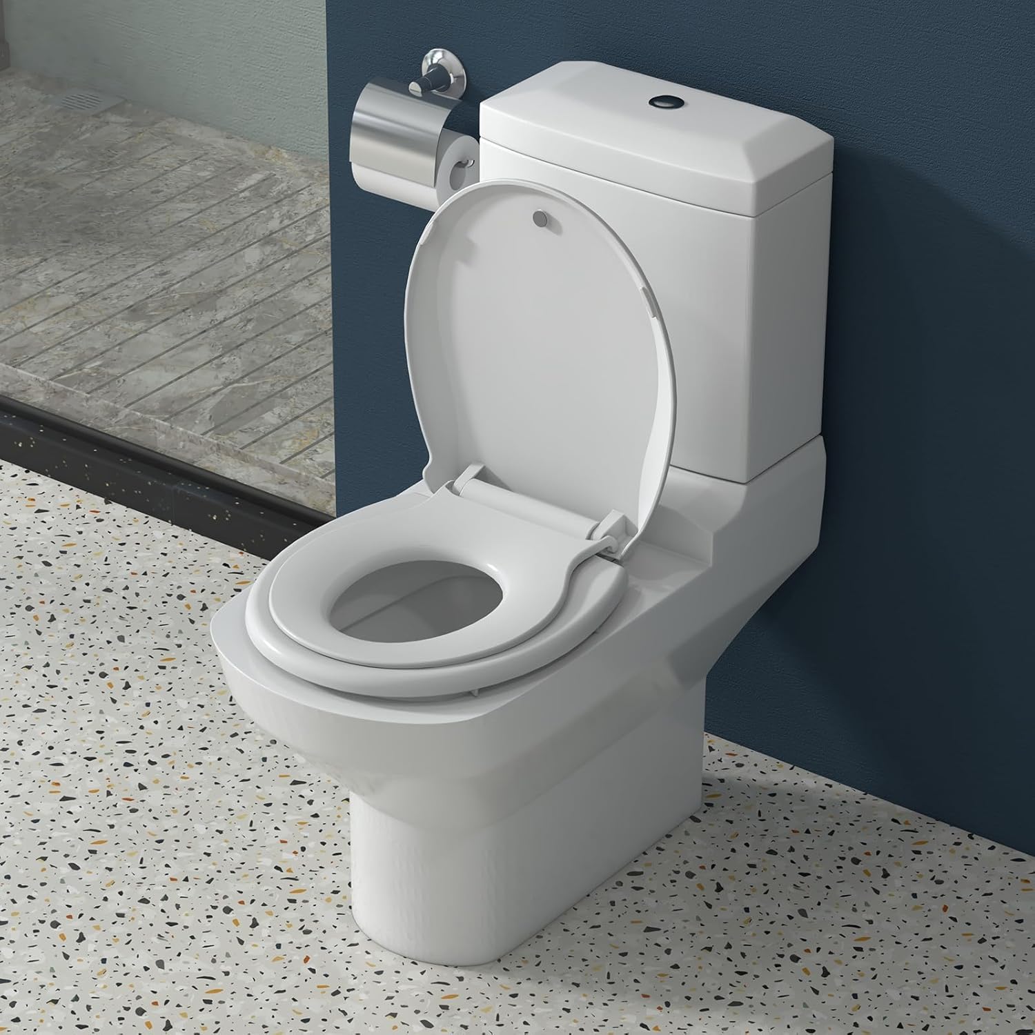 Front. GARVEE - Built-in Toddler Potty Training Seat Oval Toilet Seat - Soft Close Non-Slip Toilet Seat，17",White - White.