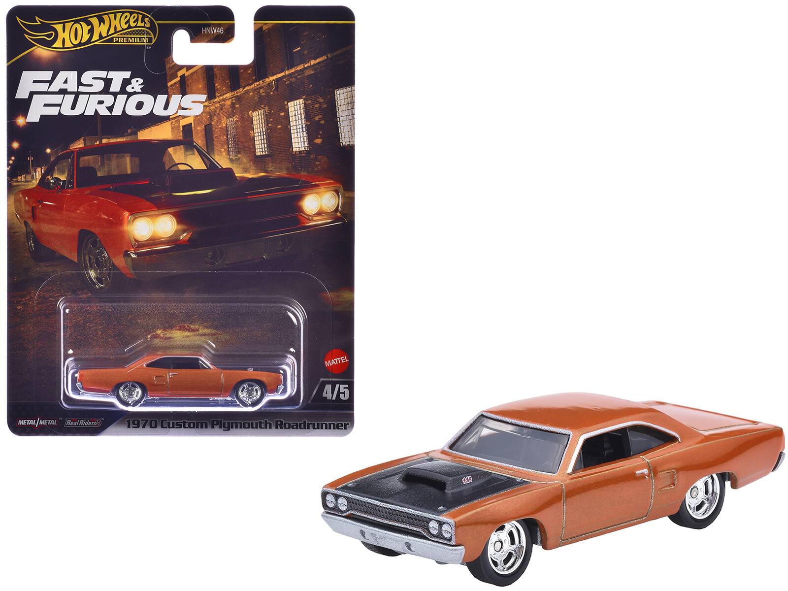 Hot Wheels  
Premium  
Fast & Furious  

MATTEL  
4/5  

1970 Custom Plymouth Roadrunner  

Real Riders  
Metal/Metal