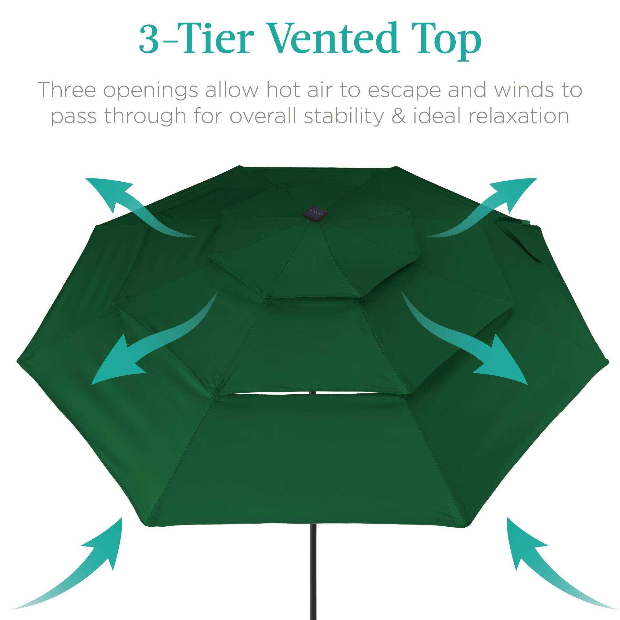 3-Tier Vented Top

Three openings allow hot air to escape and winds to pass through for overall stability & ideal relaxation