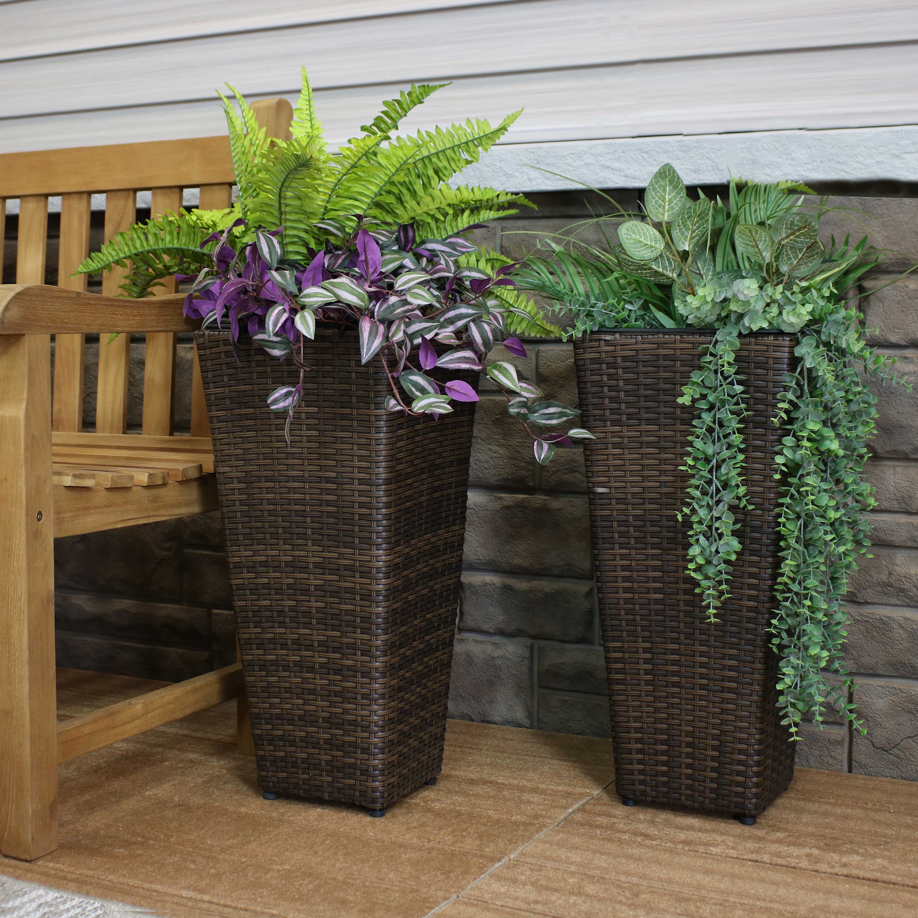 Alt View 7. Sunnydaze - 24 in Polyrattan Tall Square Planter - Set of 2 - Brown.